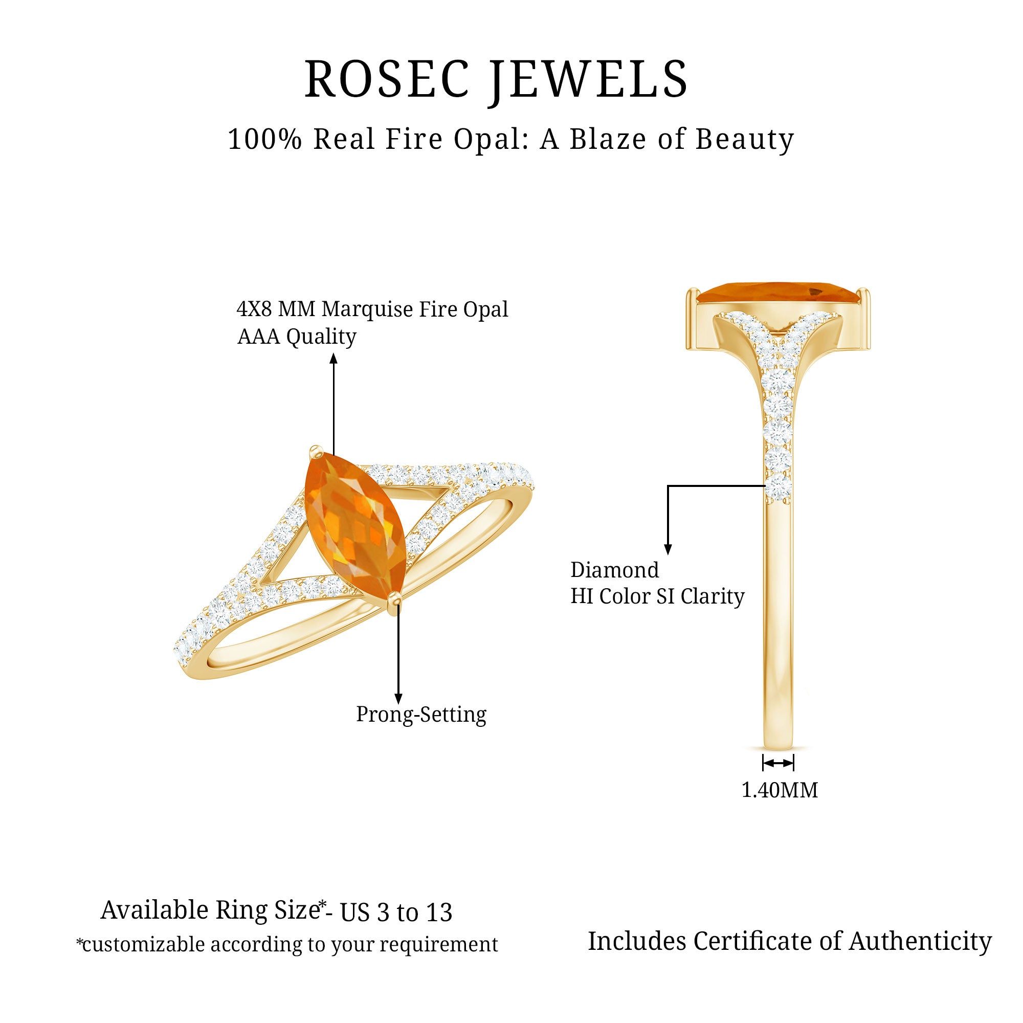 Marquise Fire Opal Split Shank Engagement Ring with Diamond AAA - Rosec Jewels