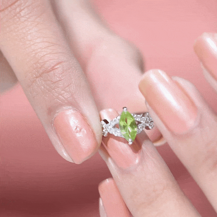 Certified Real 0.7 Carat Marquise Peridot Promise Ring with Diamond AAA - Rosec Jewels