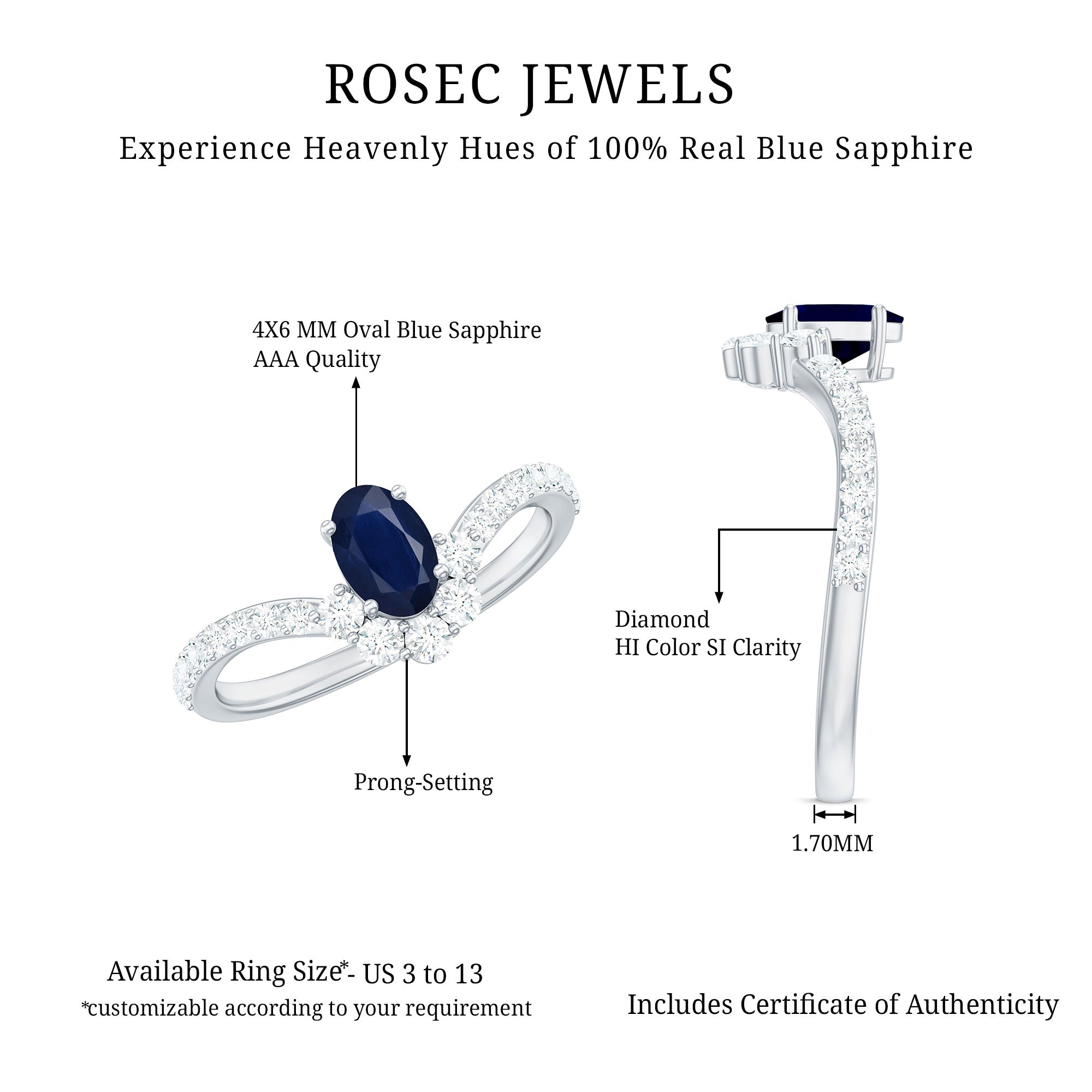 Rosec Jewels-1.25 CT Oval Cut Blue Sapphire and Diamond Chevron Ring