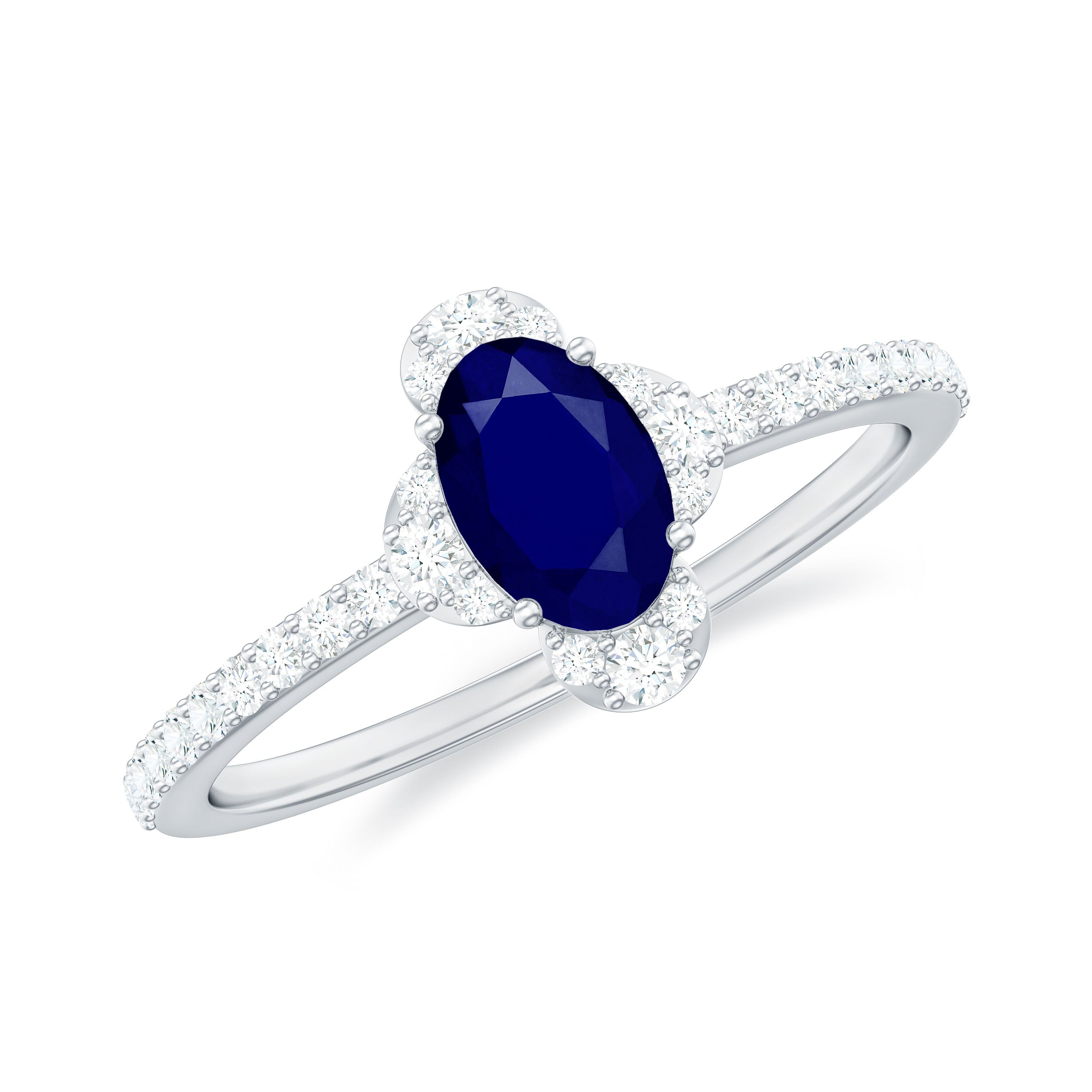 1 CT Oval Cut Blue Sapphire Classic Solitaire Ring with Diamond Halo Blue Sapphire - ( AAA ) - Quality - Rosec Jewels