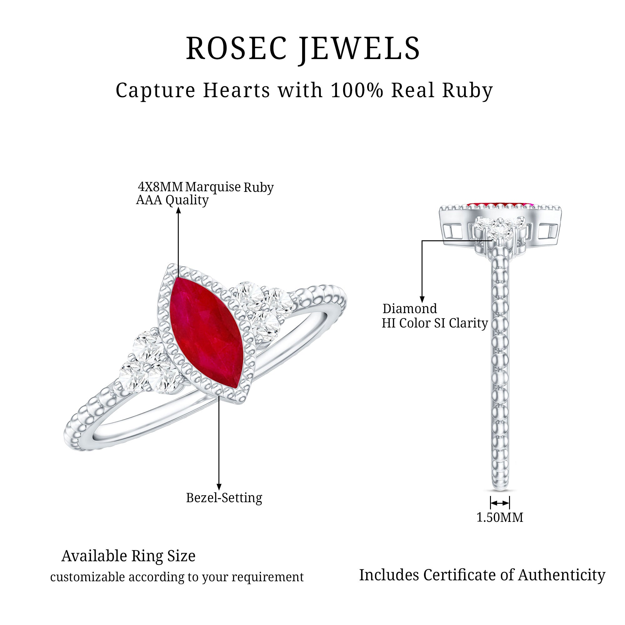Rosec Jewels-Vintage Style 0.75 Carat Ruby Marquise Engagement Ring with Diamond Trio