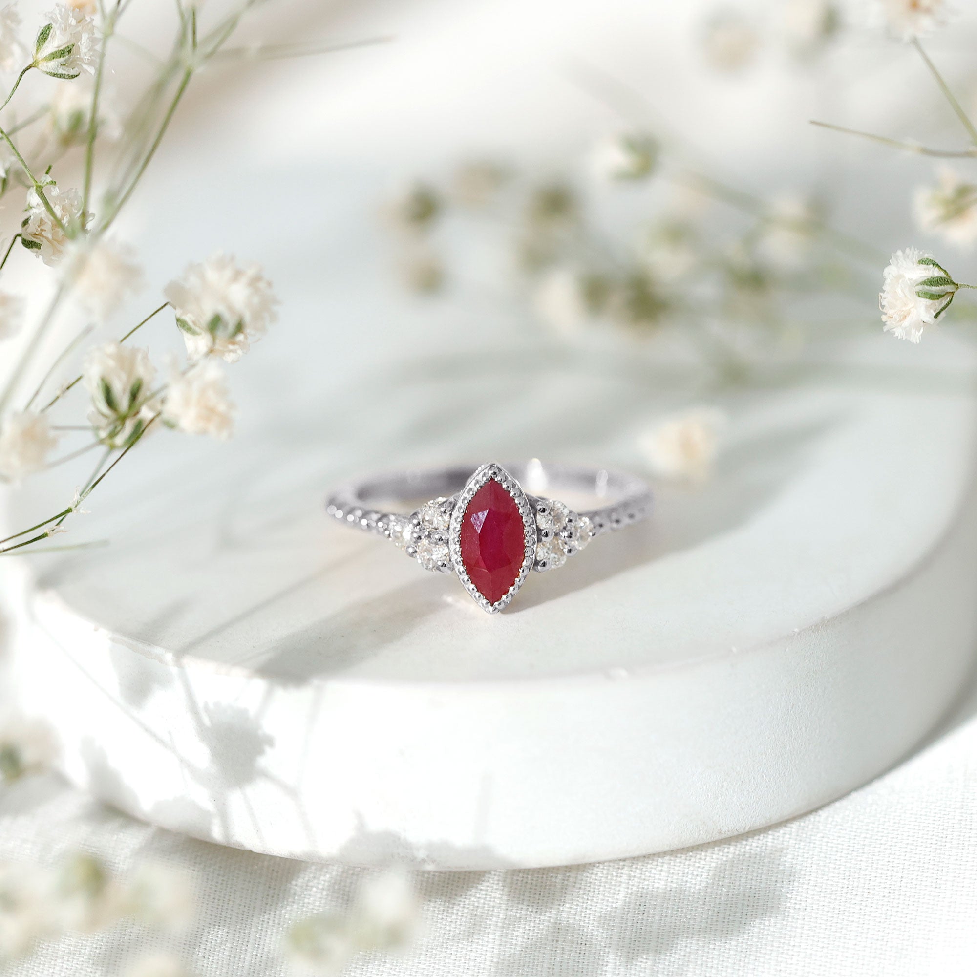 Rosec Jewels-Vintage Style 0.75 Carat Ruby Marquise Engagement Ring with Diamond Trio