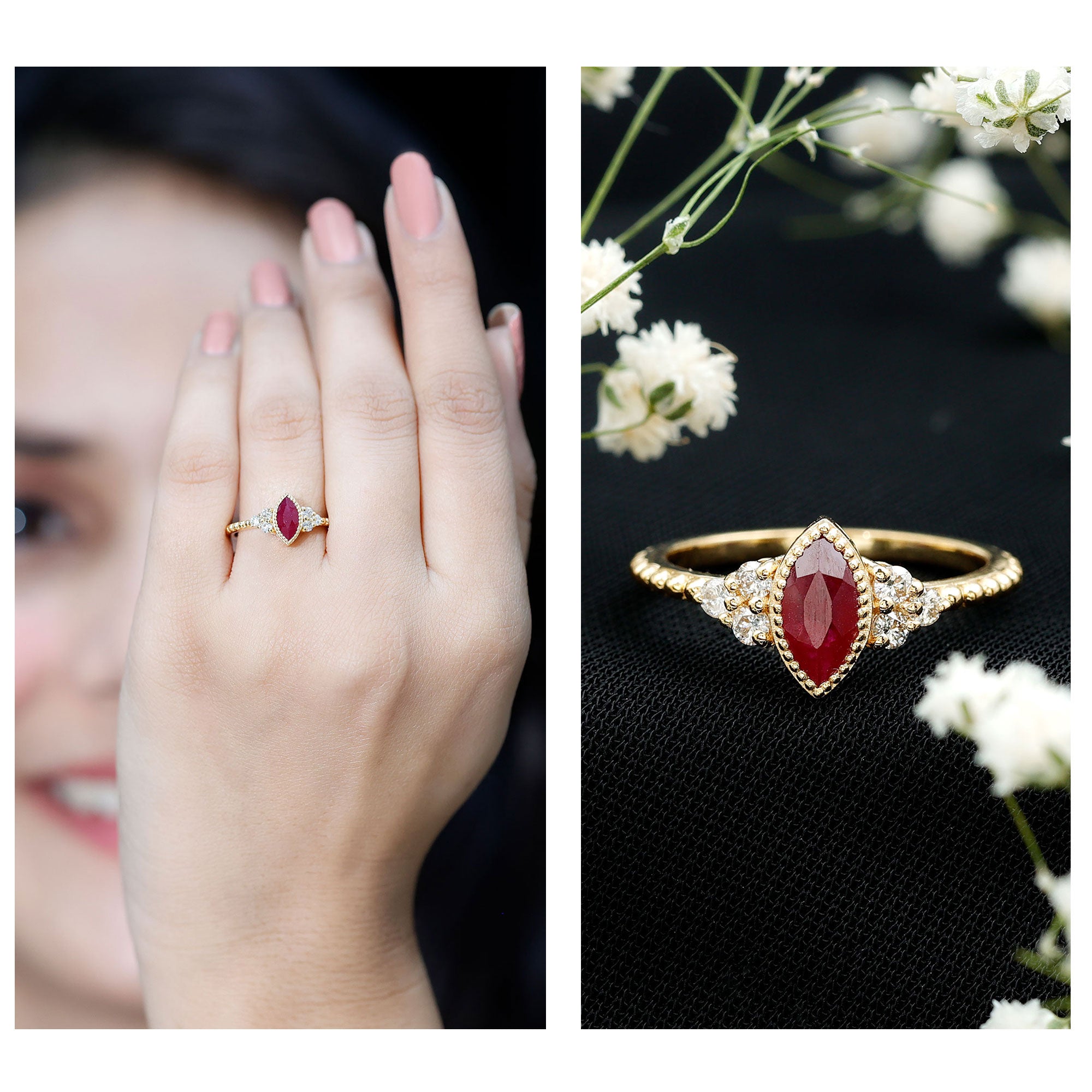 Rosec Jewels-Vintage Style 0.75 Carat Ruby Marquise Engagement Ring with Diamond Trio