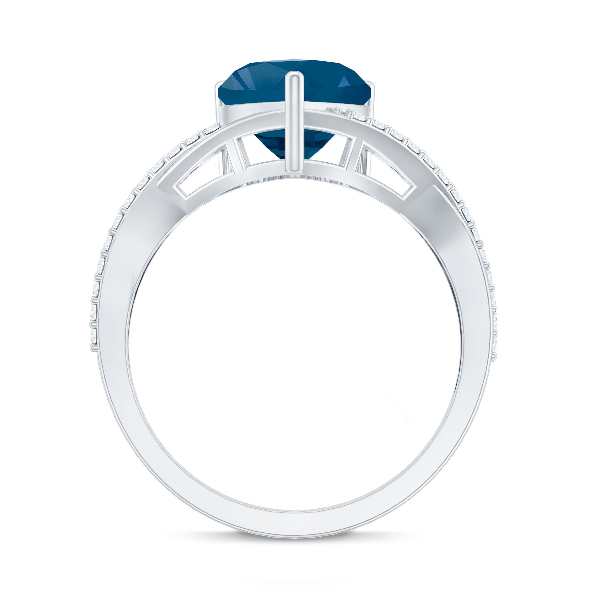 London Blue Topaz and Diamond Heart Engagement Ring in Crossover Band AAA - Rosec Jewels