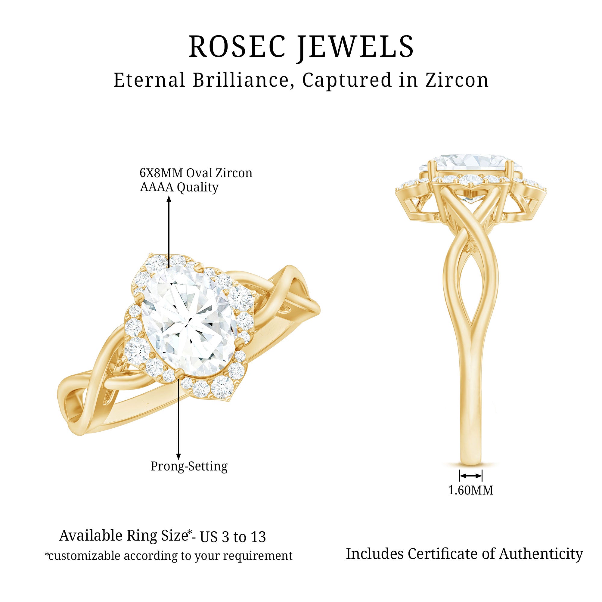 2.25 CT Crossover Shank Oval Zircon Flower Engagement Ring AAAA - Rosec Jewels