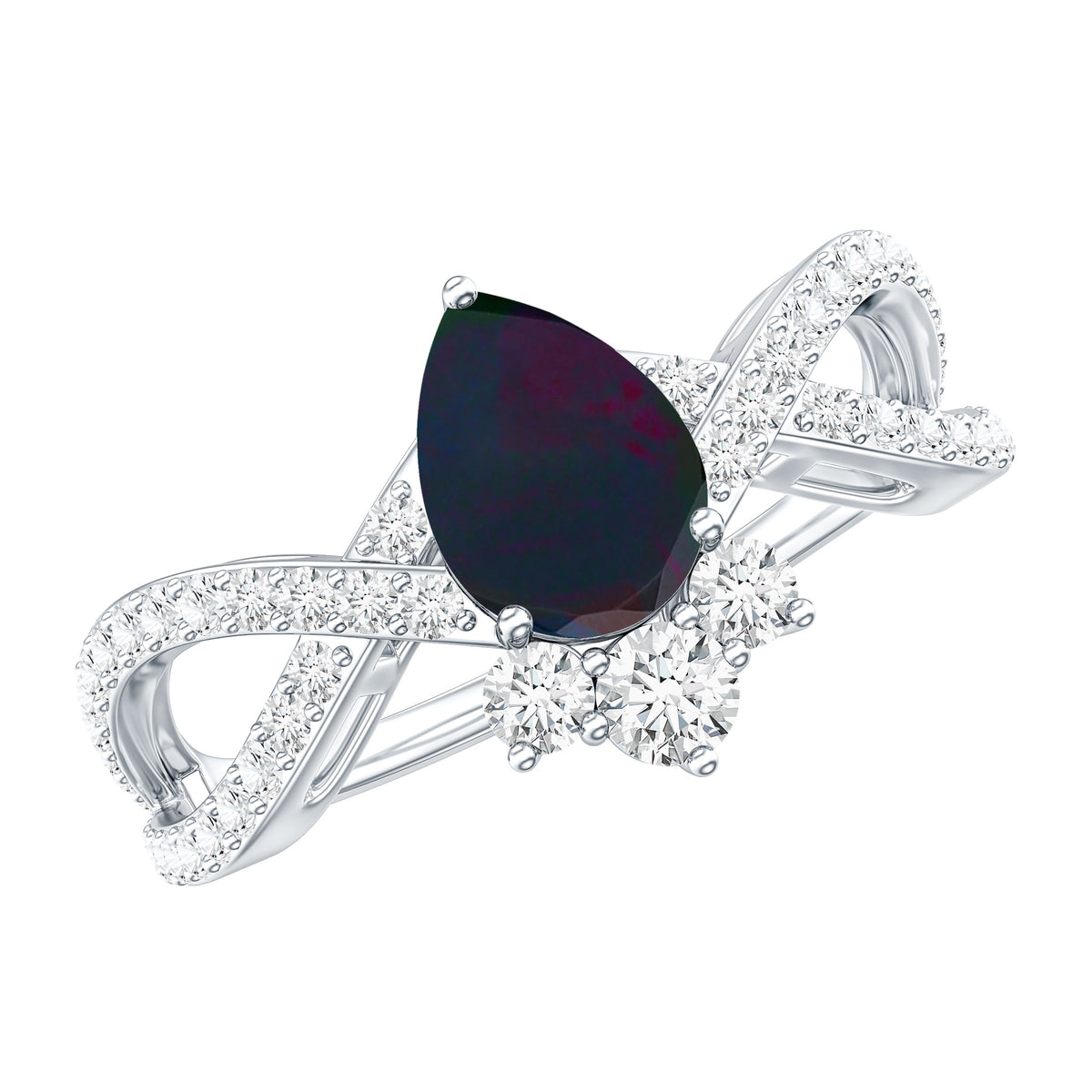 Designer Black Opal Teardrop Crossover Ring with Diamond AAA - Rosec Jewels