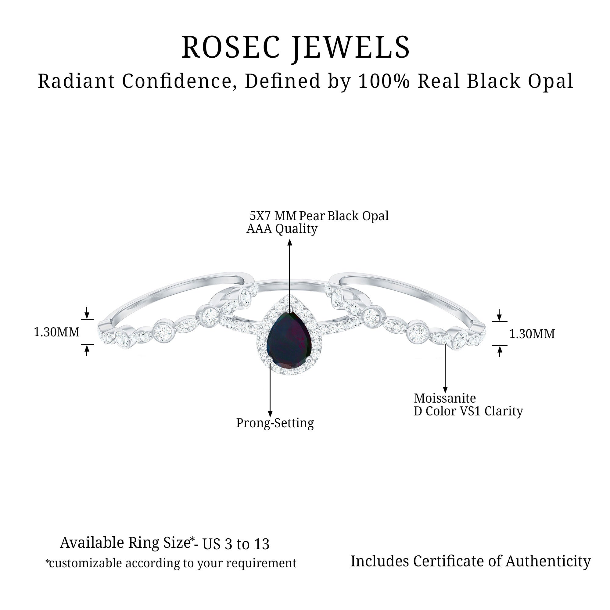 Pear Cut Black Opal Bridal Trio Ring Set with Moissanite Band Black Opal - ( AAA ) - Quality - Rosec Jewels