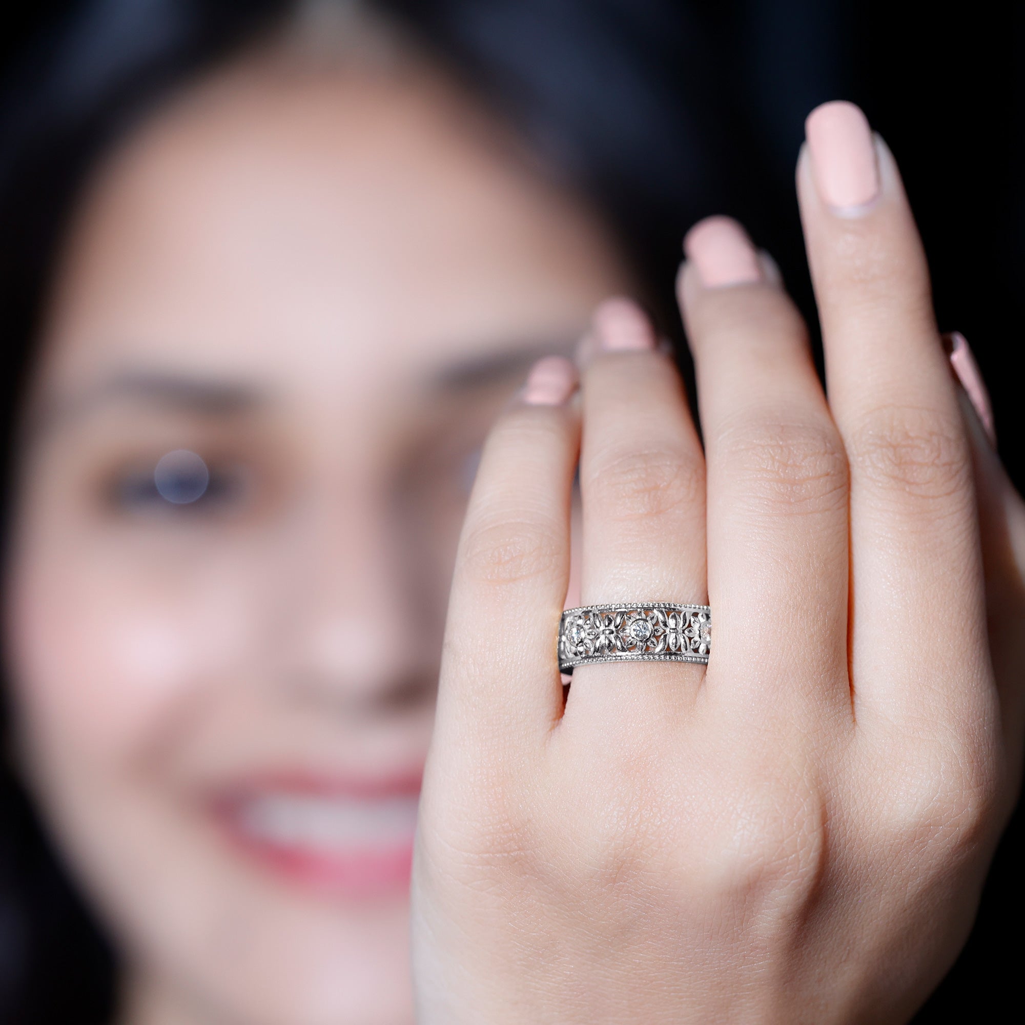 Floral Inspired Lab Grown Diamond Filigree Wedding Band Lab - ( EF-VS ) - Rosec Jewels