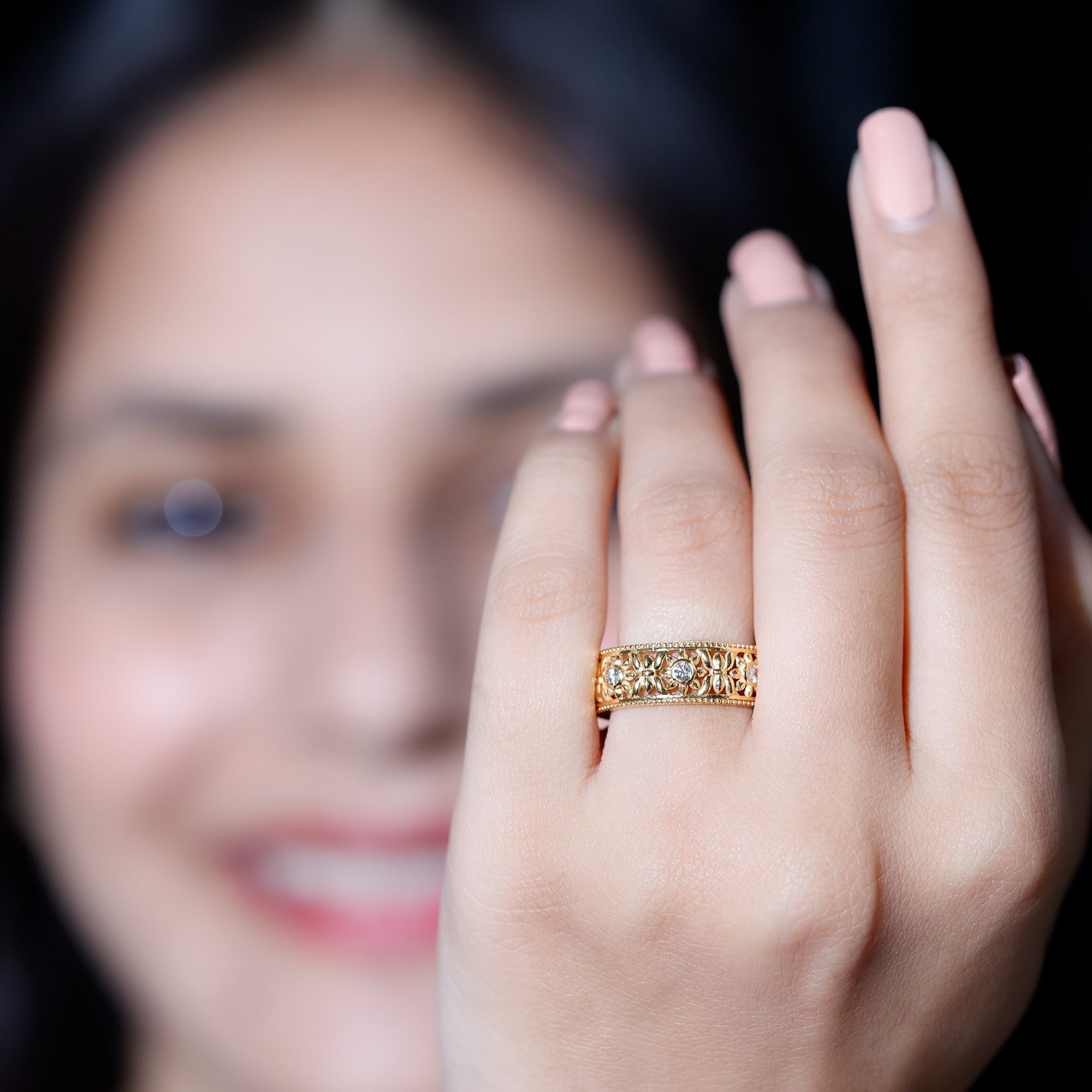 Floral Inspired Lab Grown Diamond Filigree Wedding Band Lab - ( EF-VS ) - Rosec Jewels
