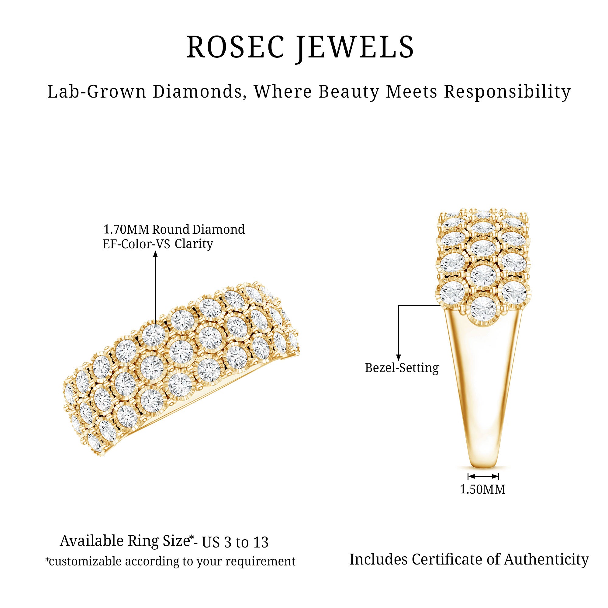 Rosec Jewels-3 Row Lab Grown Diamond Wide Wedding Band with Certificate