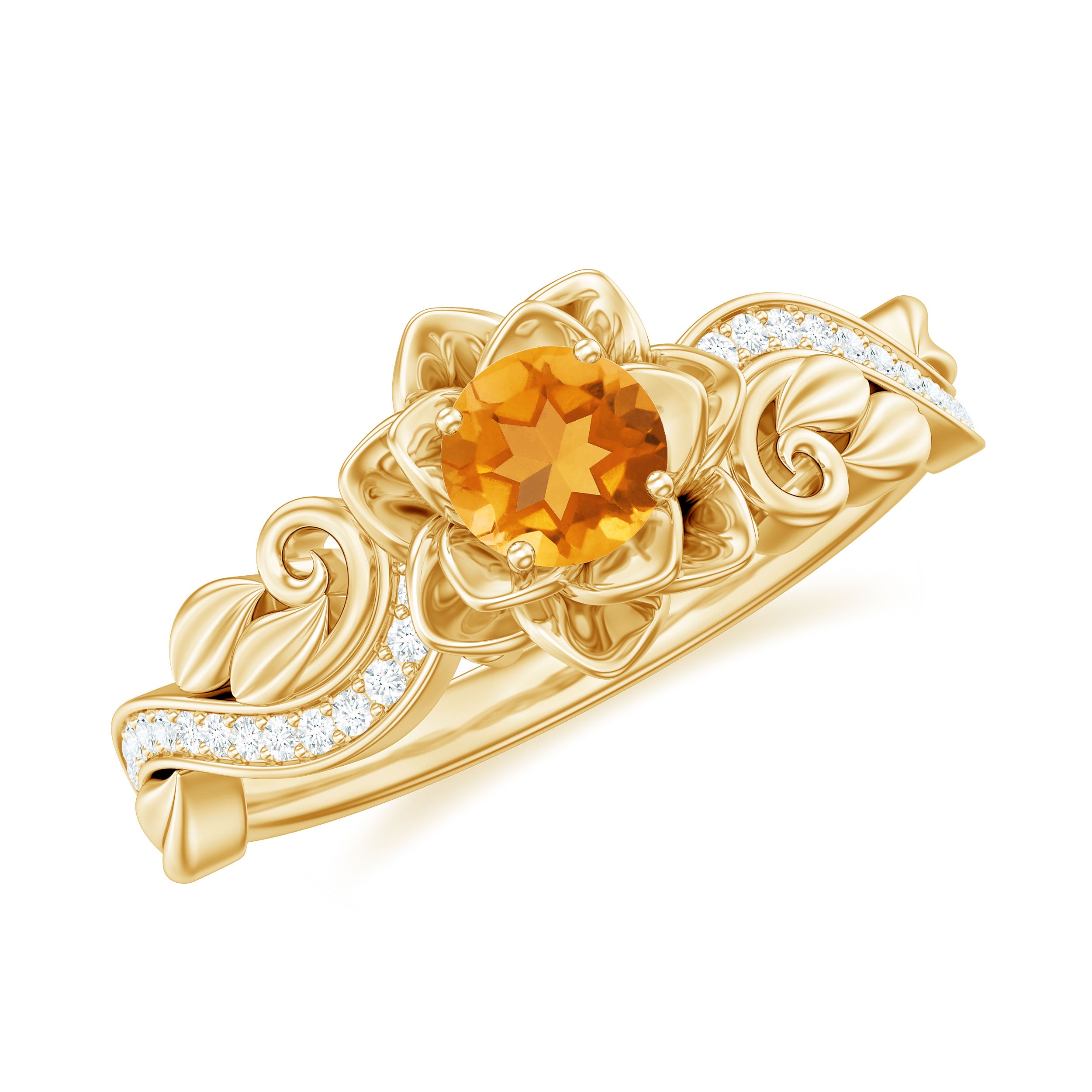 Rosec Jewels-Genuine Citrine Rose Engagement Ring with Diamonds