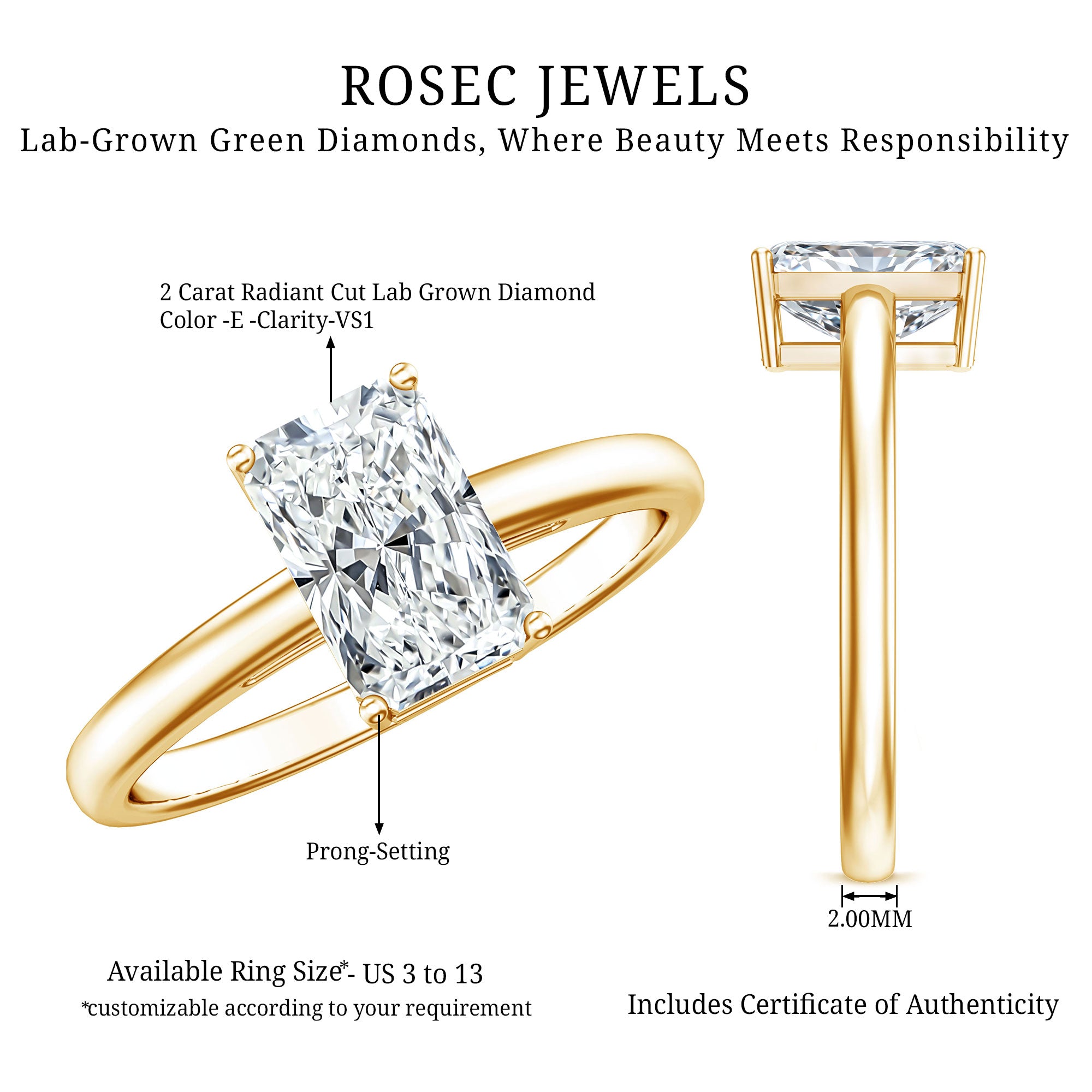 Rosec Jewels-IGI Certified Solitaire Lab Grown Diamond Radiant Cut Engagement Ring 2 Carat