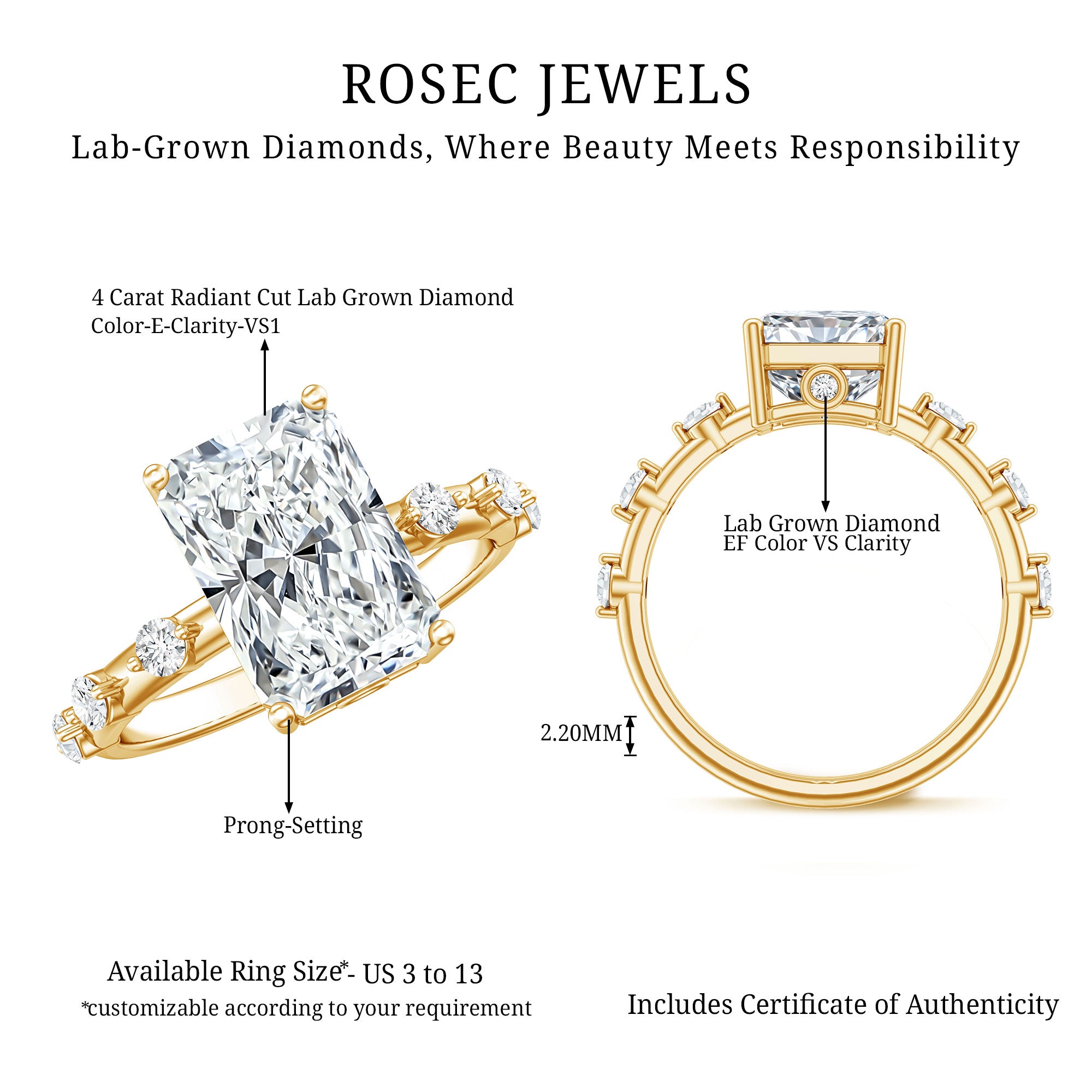 Rosec Jewels-4 Carat Lab Grown Radiant Cut Diamond Solitaire Engagement Ring with IGI Certificate