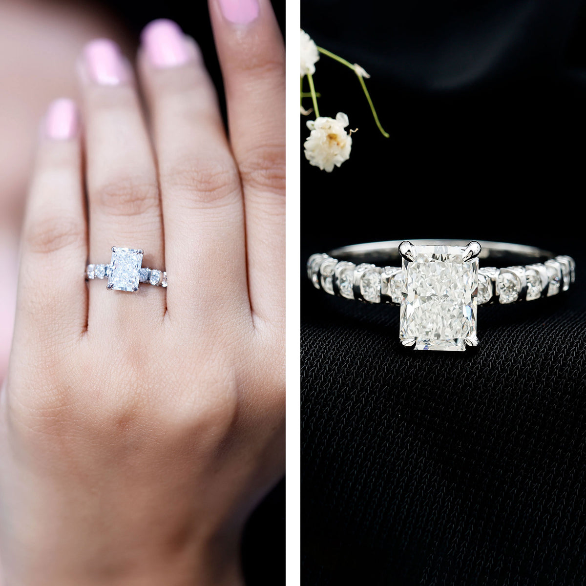Lab Grown 2 Carat Diamond Radiant Cut Side Stone Engagement Ring IGI Certified Lab - ( E-VS1 ) - Rosec Jewels