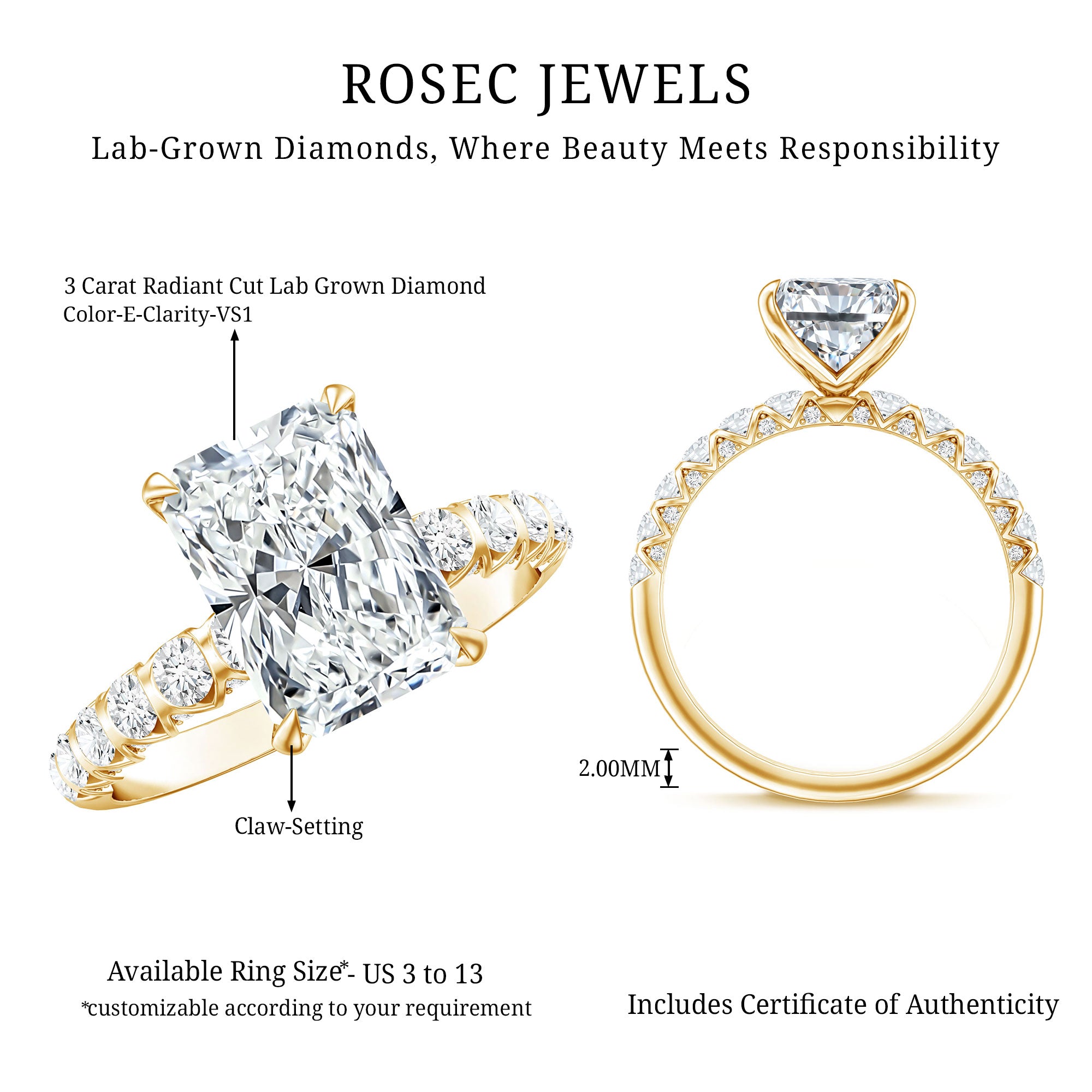 Rosec Jewels-Lab Grown 3 Carat Diamond Radiant Cut Engagement Ring with IGI Certificate