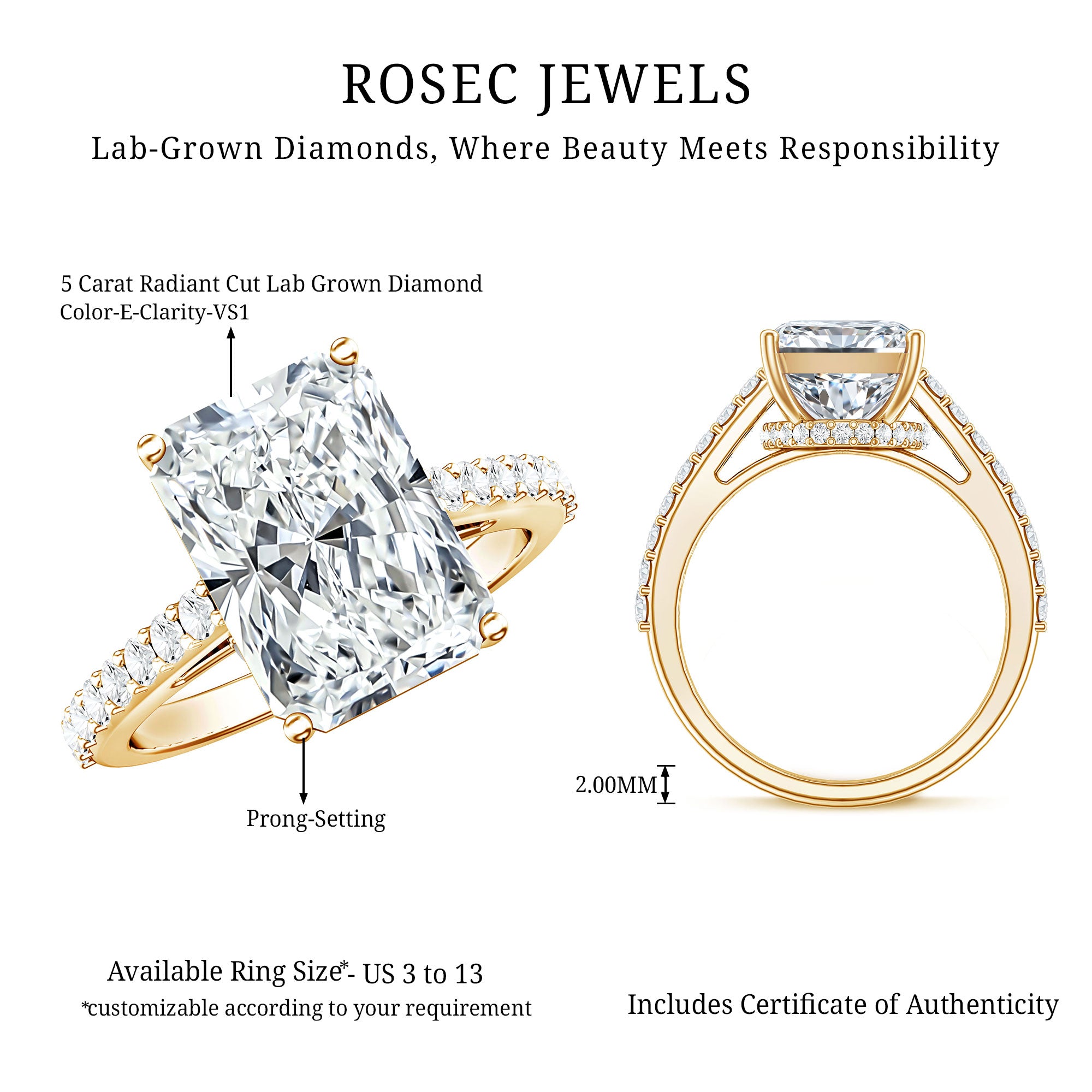 Rosec Jewels-IGI Certified 5 Carat Lab Grown Diamond Solitaire Radiant Cut Engagement Ring
