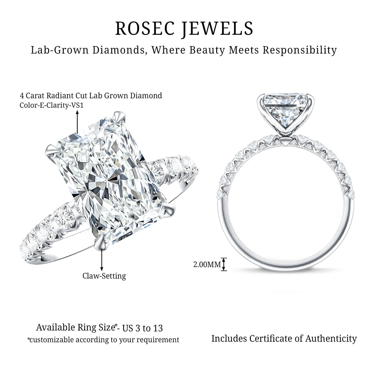 4 Carat Radiant Cut Lab Grown Diamond Side Stone Engagement Ring IGI Certified Lab - ( E-VS1 ) - Rosec Jewels
