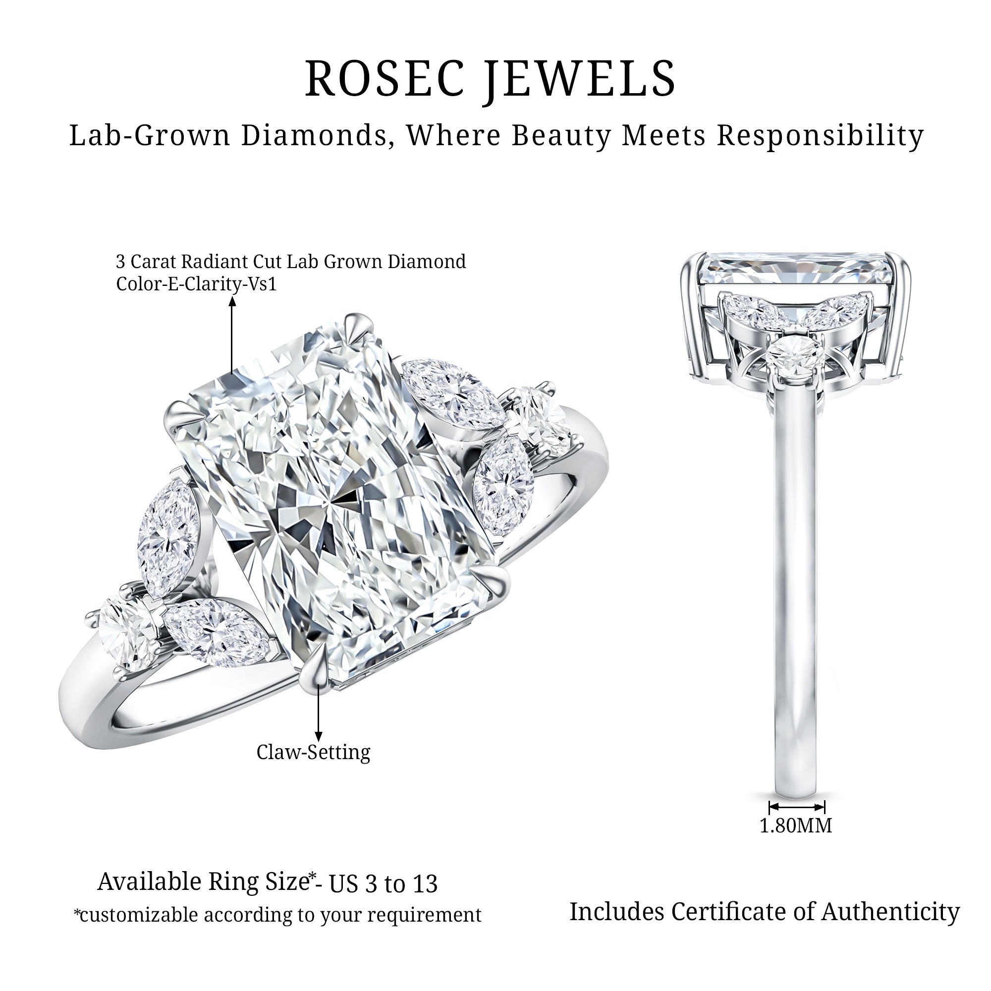 Rosec Jewels-Lab Grown Diamond 3 Carat Radiant Cut Engagement Ring with IGI Certificate