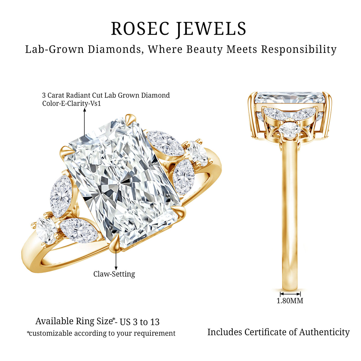 Lab Grown Diamond 3 Carat Radiant Cut Engagement Ring with IGI Certificate Lab - ( E-VS1 ) - Rosec Jewels