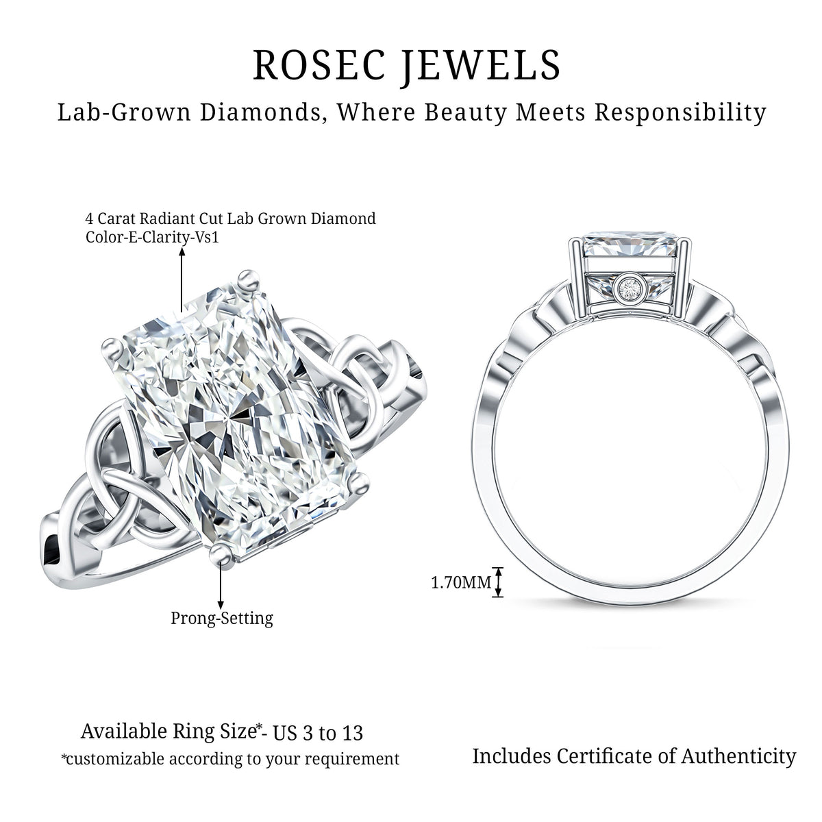 Radiant Cut 4 Carat Lab Diamond Celtic Knot Engagement Ring with IGI Certificate Lab - ( E-VS1 ) - Rosec Jewels