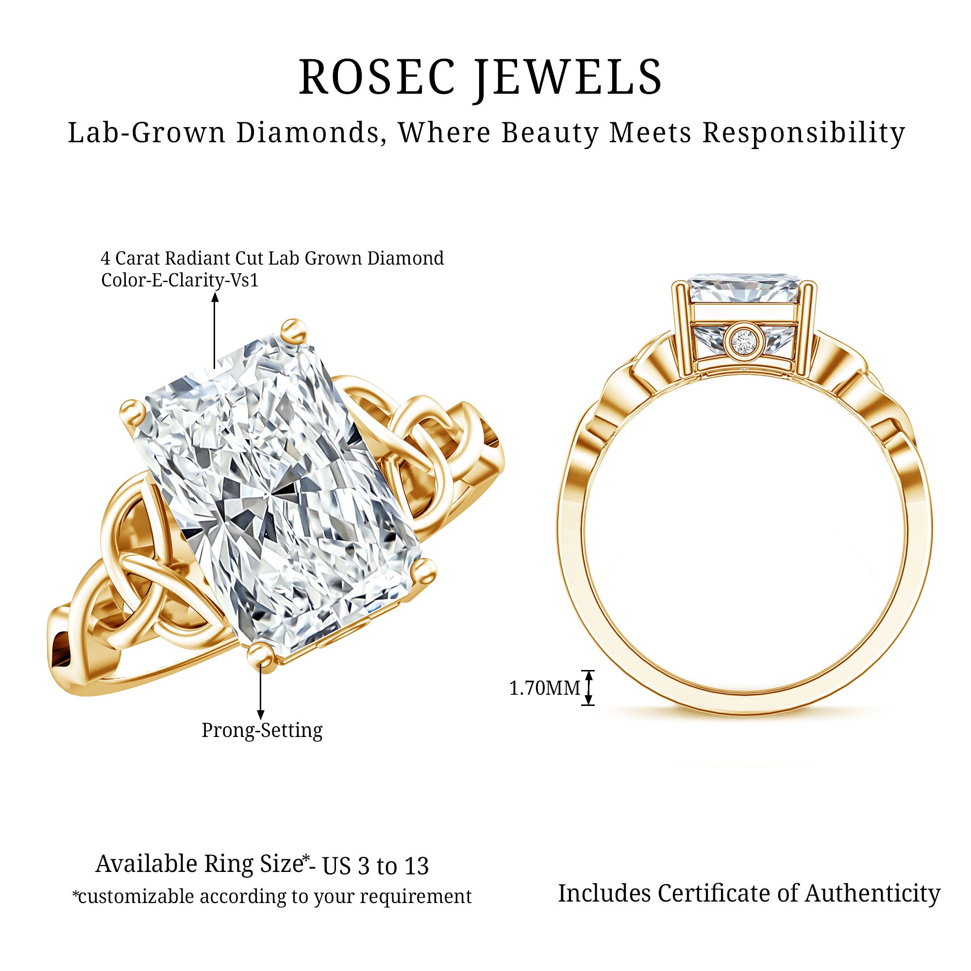 Rosec Jewels-Radiant Cut 4 Carat Lab Diamond Celtic Knot Engagement Ring with IGI Certificate