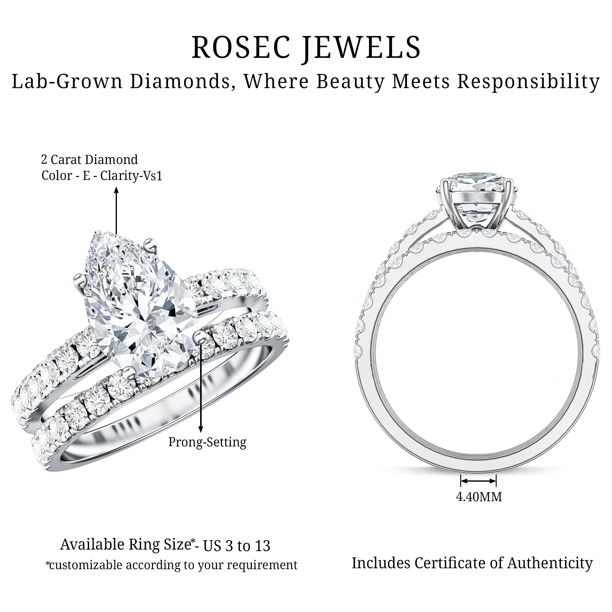 Rosec Jewels-IGI Certified Lab Grown 2 Carat Diamond Pear Shaped Engagement Ring with Wedding Band