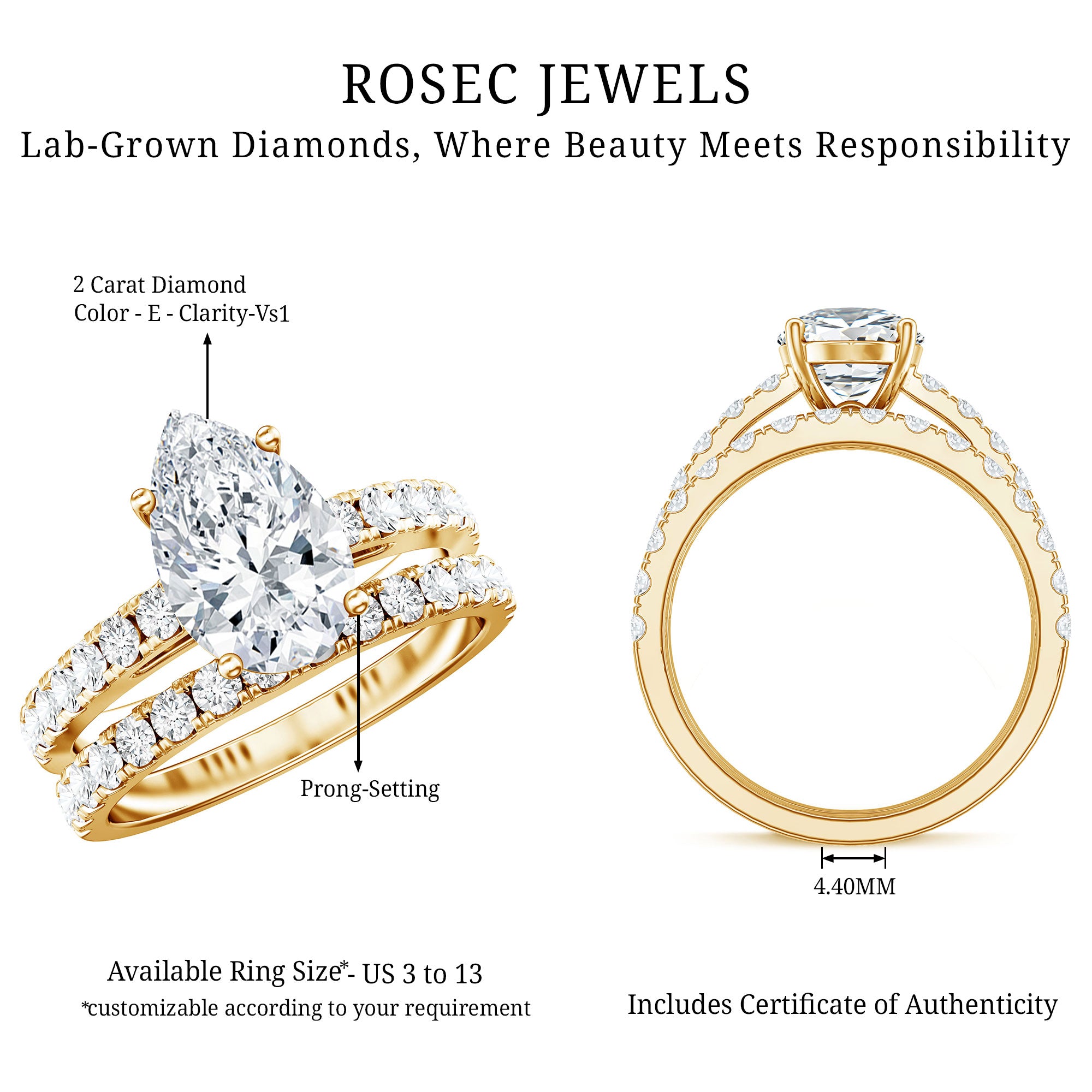 Rosec Jewels-IGI Certified Lab Grown 2 Carat Diamond Pear Shaped Engagement Ring with Wedding Band
