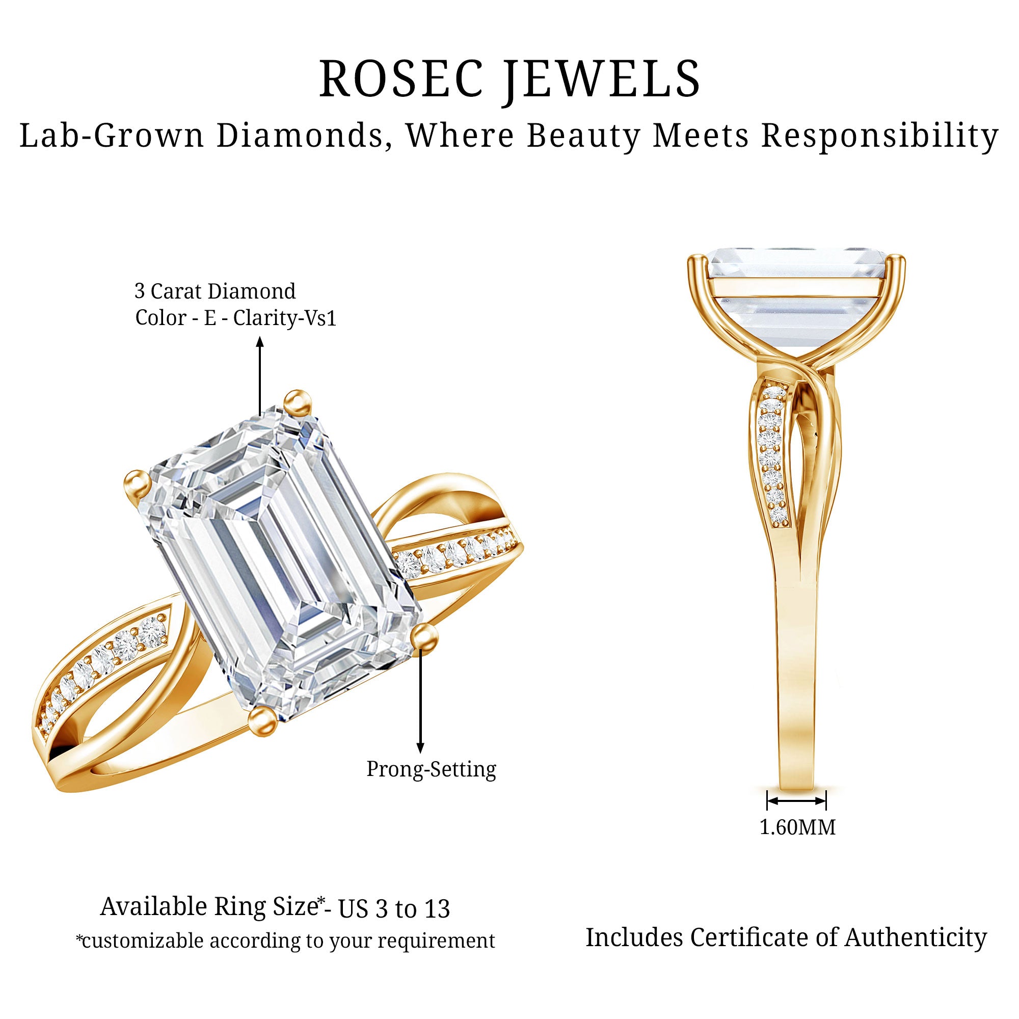 Rosec Jewels-3 Carat Emerald Cut Lab Grown Diamond Infinity Engagement Ring IGI Certified
