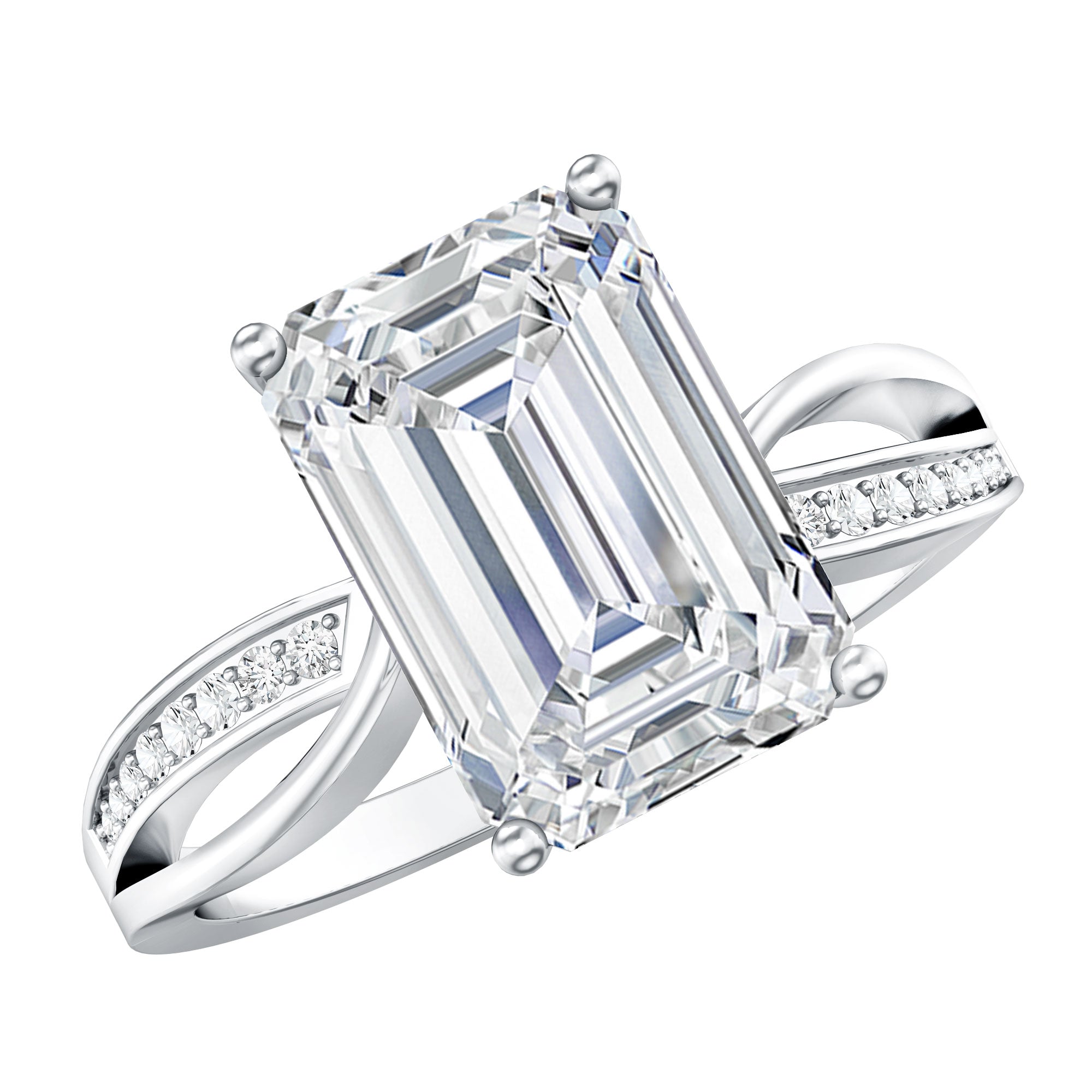 Rosec Jewels-IGI Certified 4 Carat Lab Grown Diamond Emerald Cut Engagement Ring with Crossover Shank