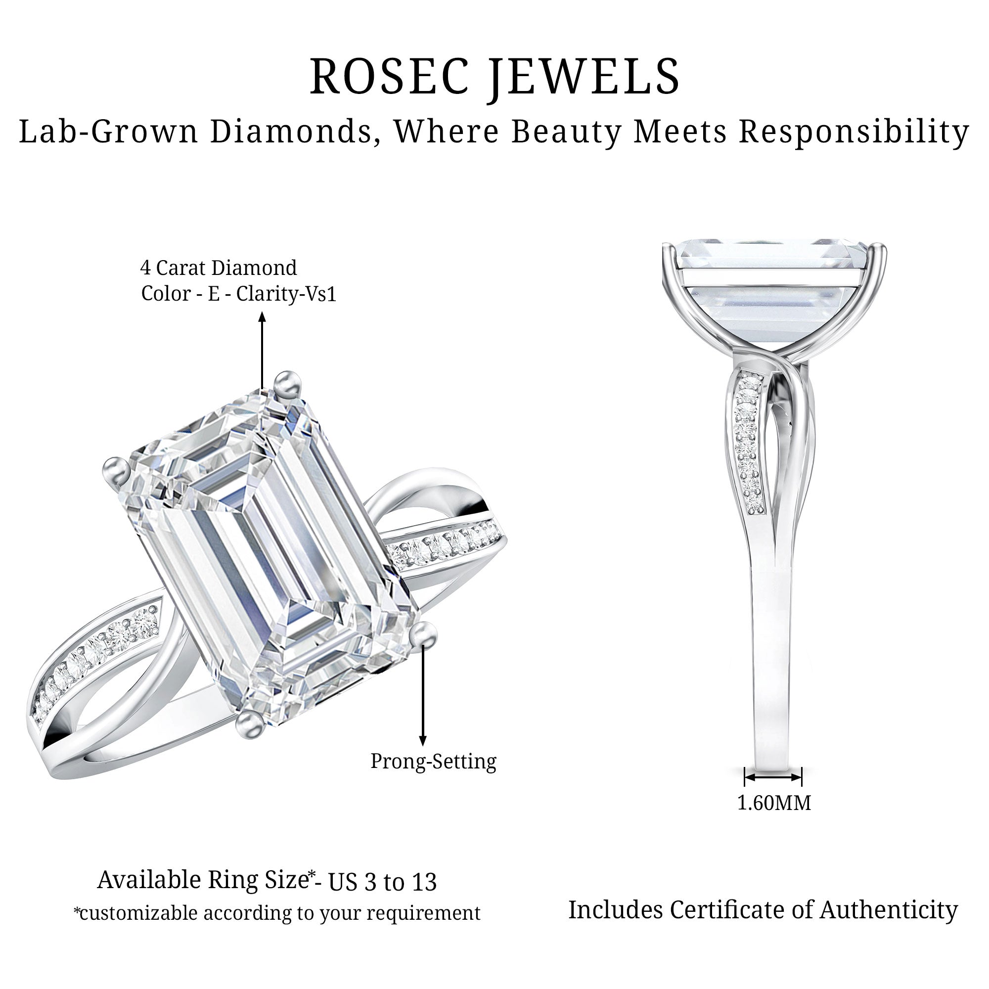 Rosec Jewels-IGI Certified 4 Carat Lab Grown Diamond Emerald Cut Engagement Ring with Crossover Shank