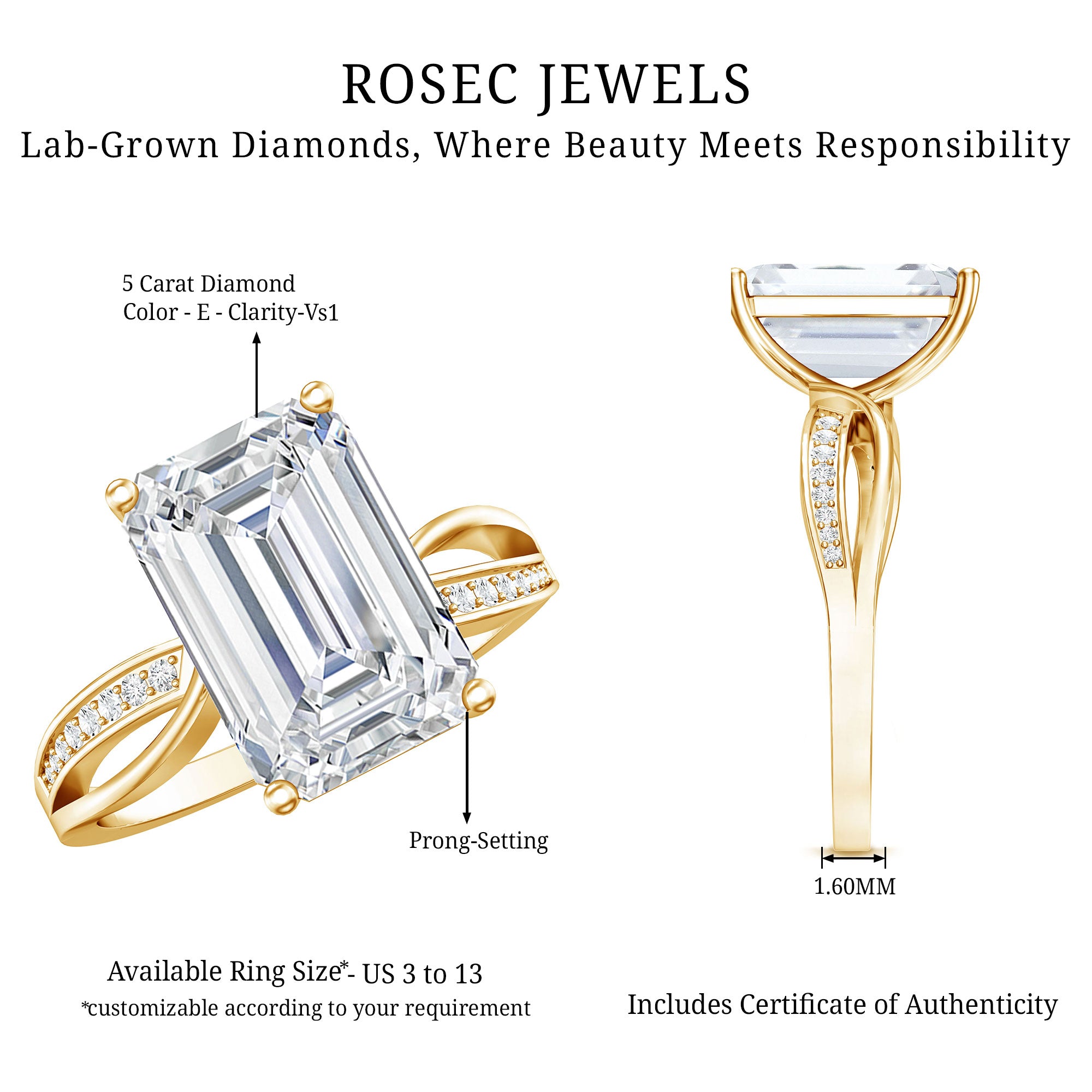 Rosec Jewels-Huge 5 Carat Emerald Cut Lab Grown Diamond Infinity Band Engagement Ring with IGI Certificate