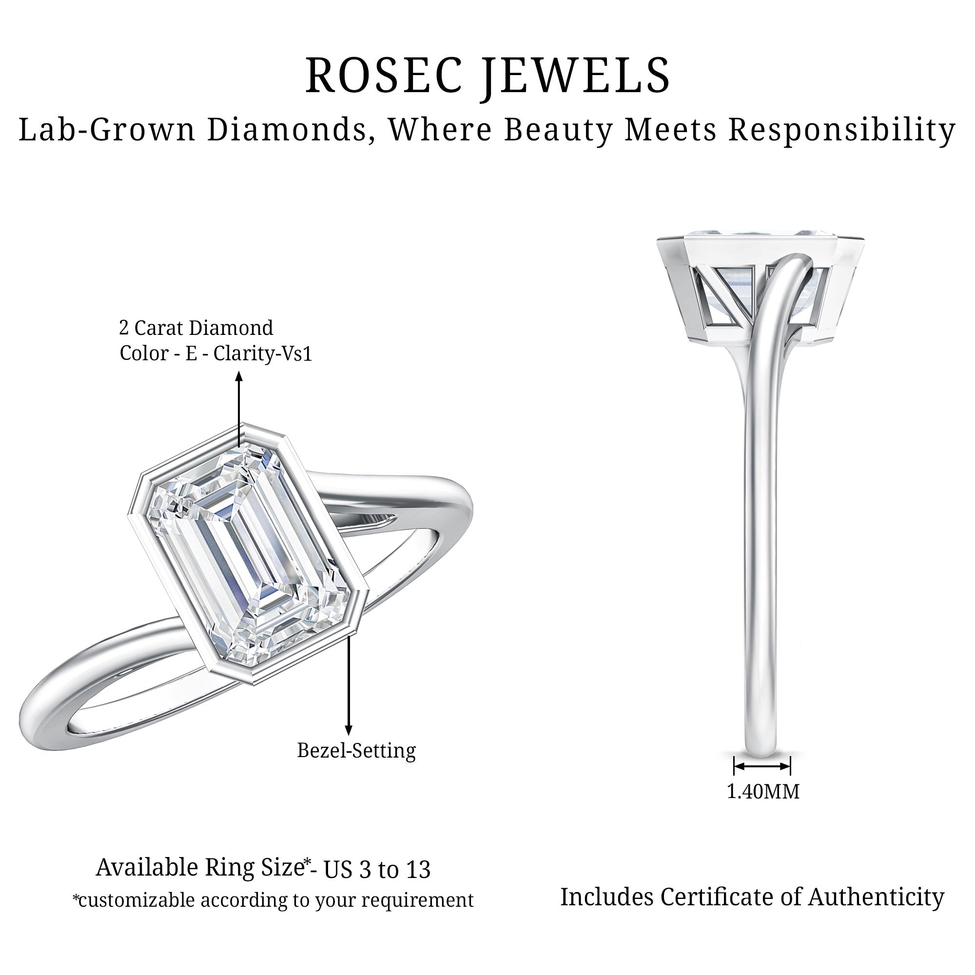 Rosec Jewels-Solitaire 2 Carat Lab Grown Emerald Cut Diamond Bypass Engagement Ring IGI Certified