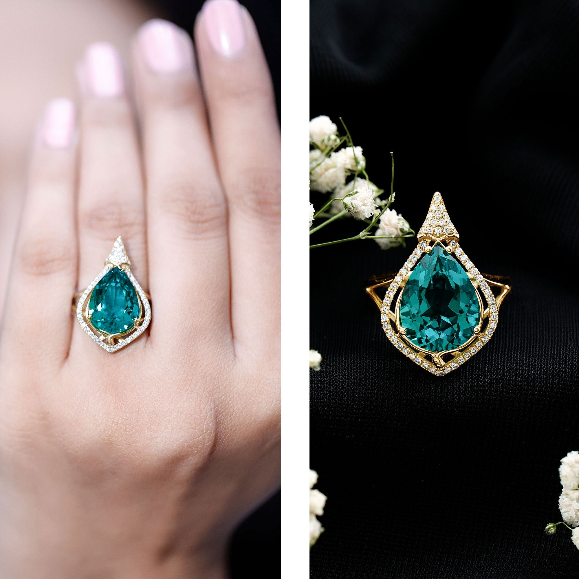 Rosec Jewels-Vintage Inspired 2.5 Carat Lab Grown Emerald and Diamond Statement Engagement Ring