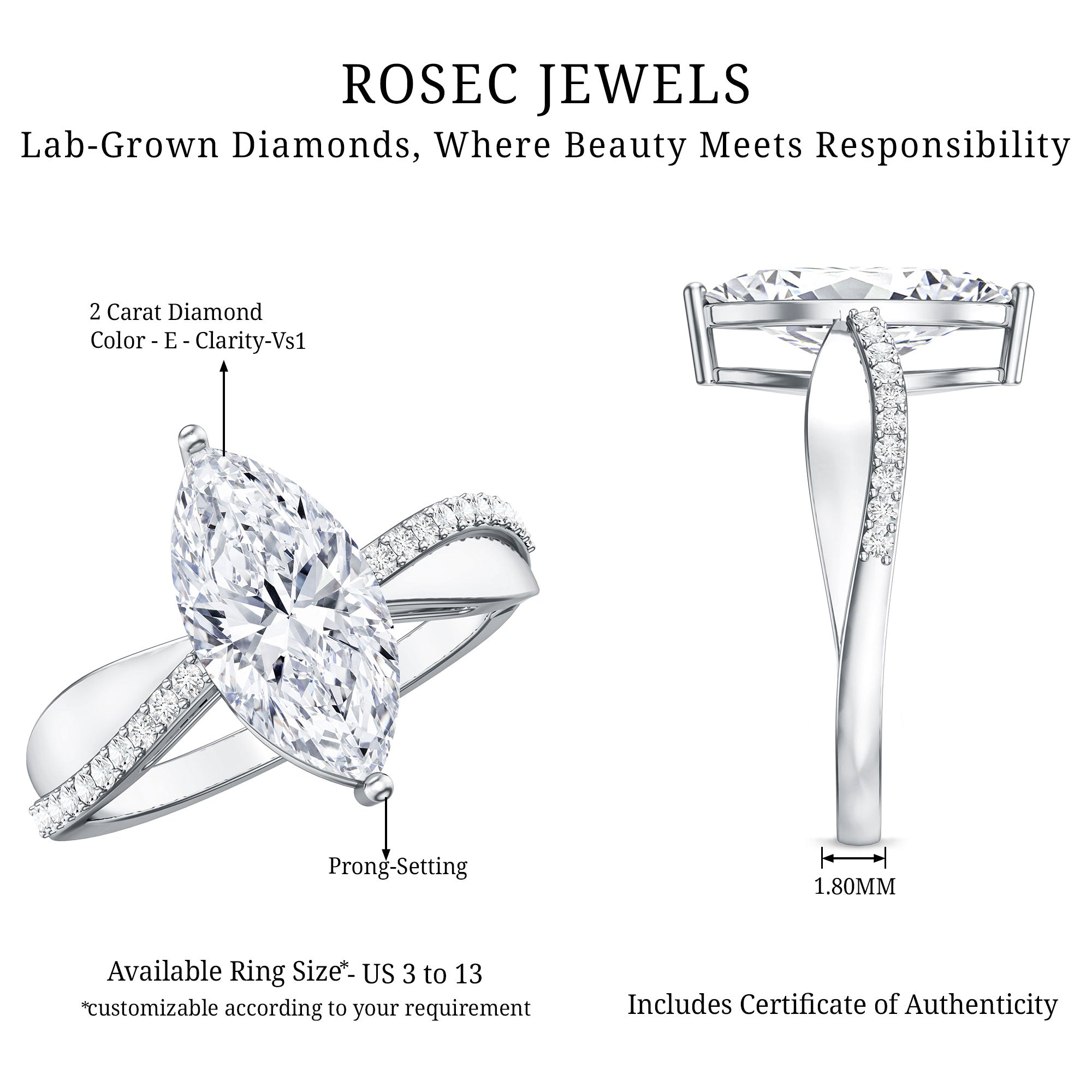 Rosec Jewels-IGI Certified Lab Grown Diamond Marquise Solitaire Engagement Ring 2 Carat