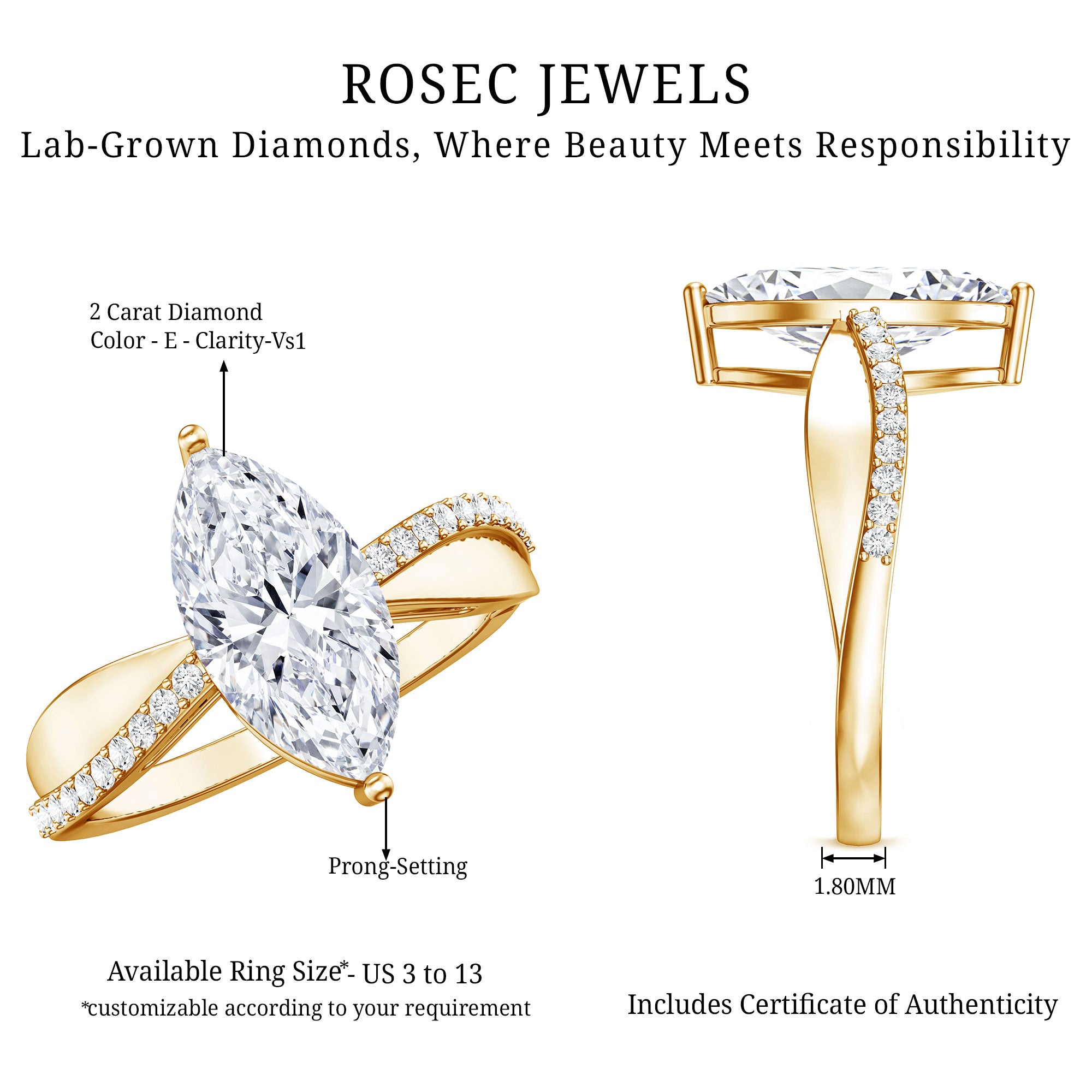 Rosec Jewels-IGI Certified Lab Grown Diamond Marquise Solitaire Engagement Ring 2 Carat