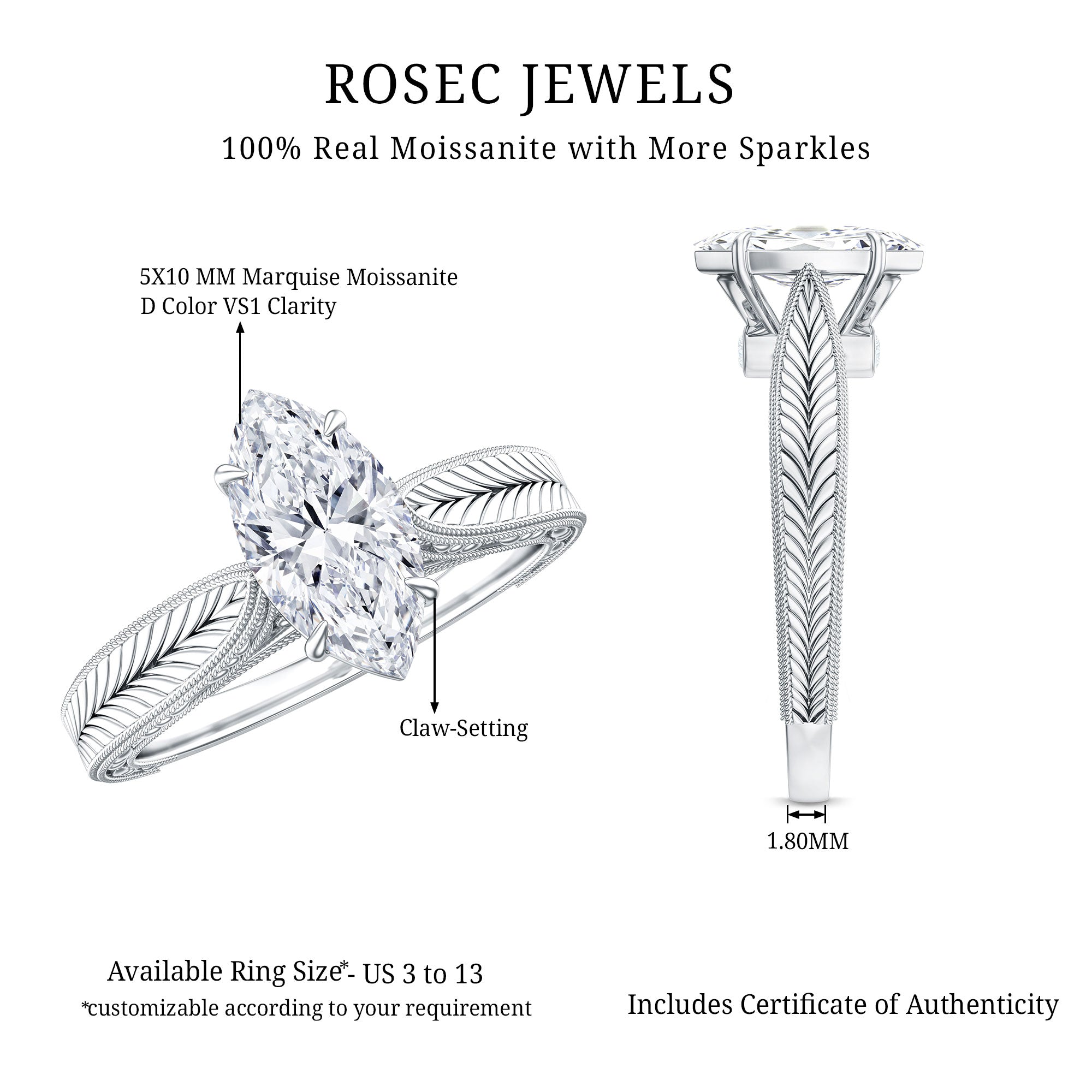 IGI Certified Vintage Looking Engraved Engagement Ring with 1 Carat Marquise Lab Diamond Lab - ( E-VS1 ) - Rosec Jewels