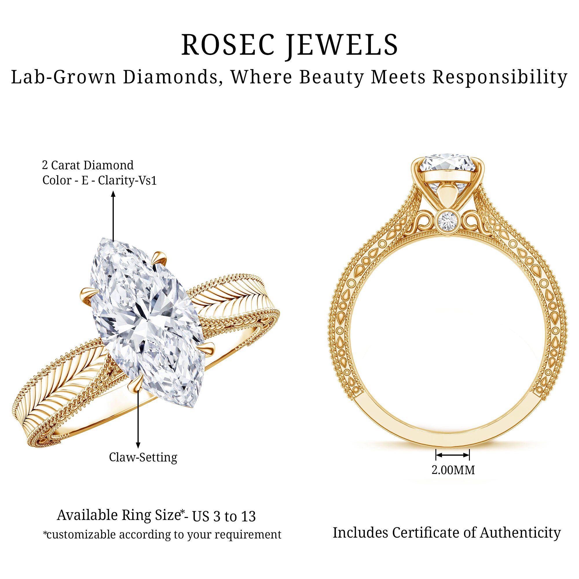 Rosec Jewels-IGI Certified Antique Looking 2 Carat Marquise Lab Diamond Engagement Ring with Engraved Shank