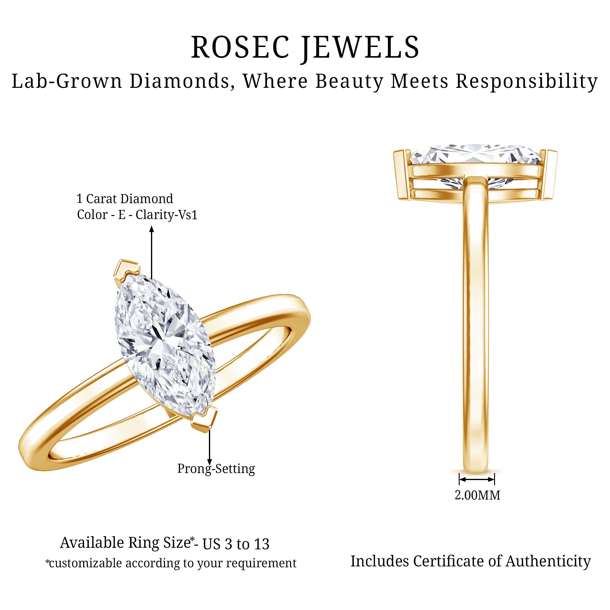Rosec Jewels-Classic Marquise Cut Lab Grown Diamond 1 Carat Engagement Ring with IGI Certificate