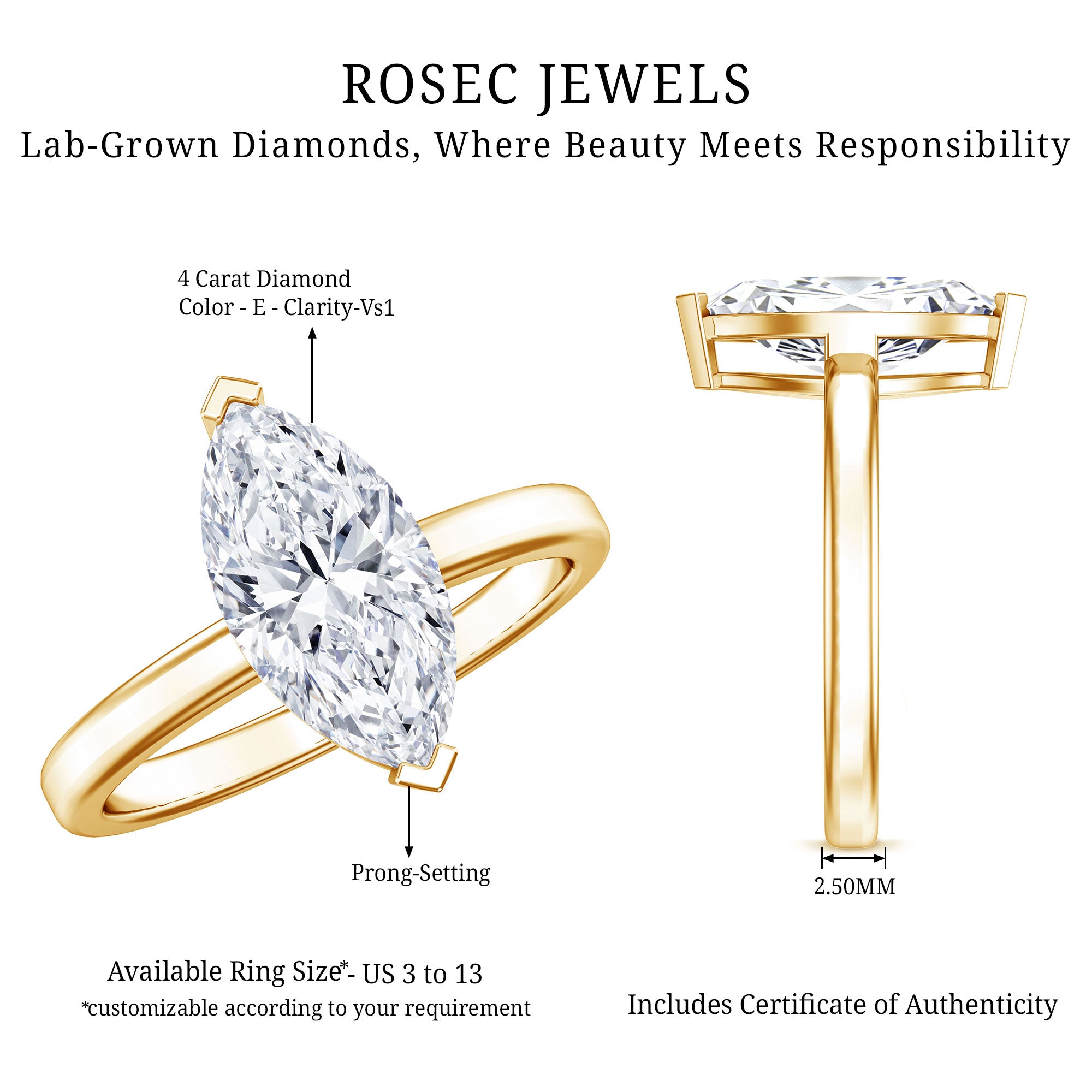 Rosec Jewels-IGI Certified 4 Carat Marquise Lab Grown Diamond Solitaire Engagement Ring