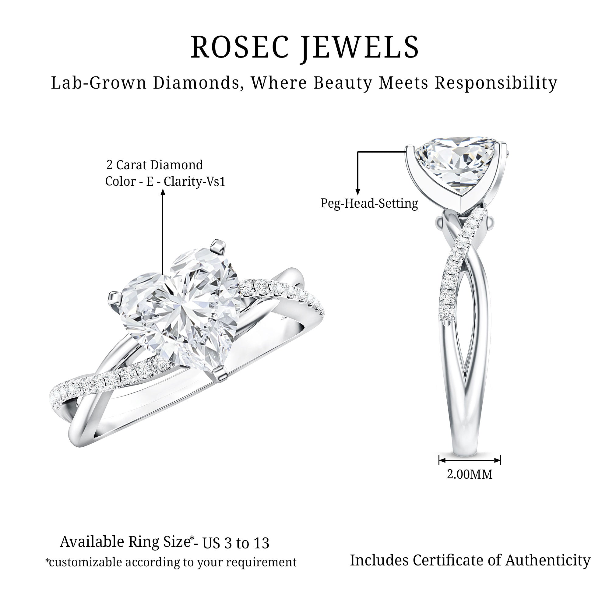 Rosec Jewels-2 Carat Heart Shaped Lab Grown Diamond Crossover Engagement Ring IGI Certified