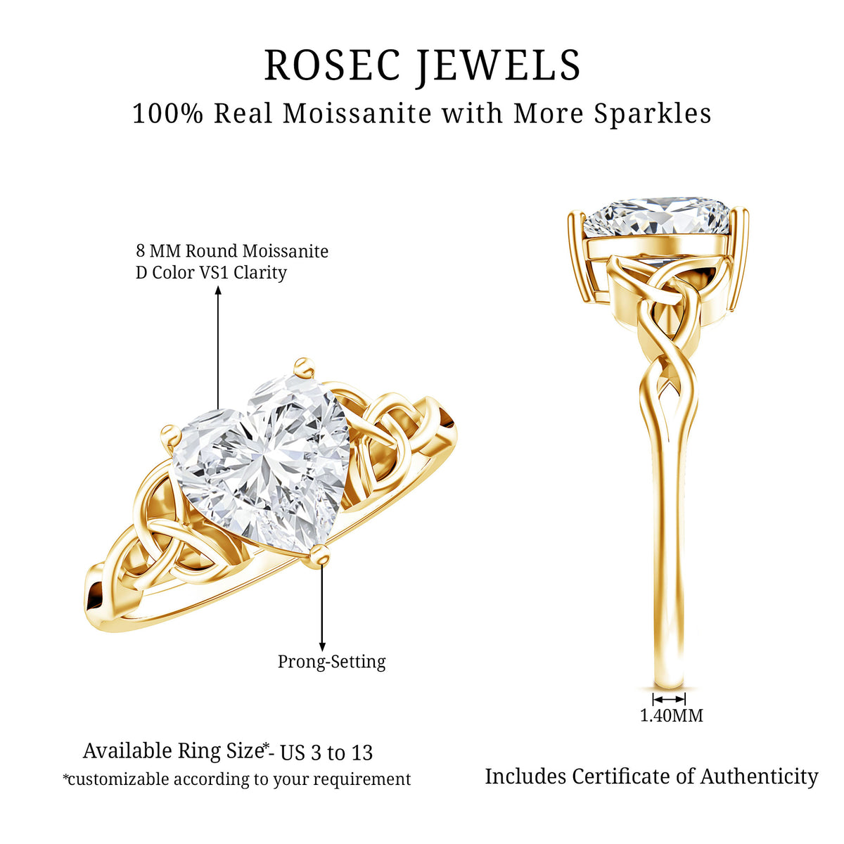 Rosec Jewels-IGI Verified 2 Carat Heart Shape Lab Grown Diamond Celtic Engagement Ring