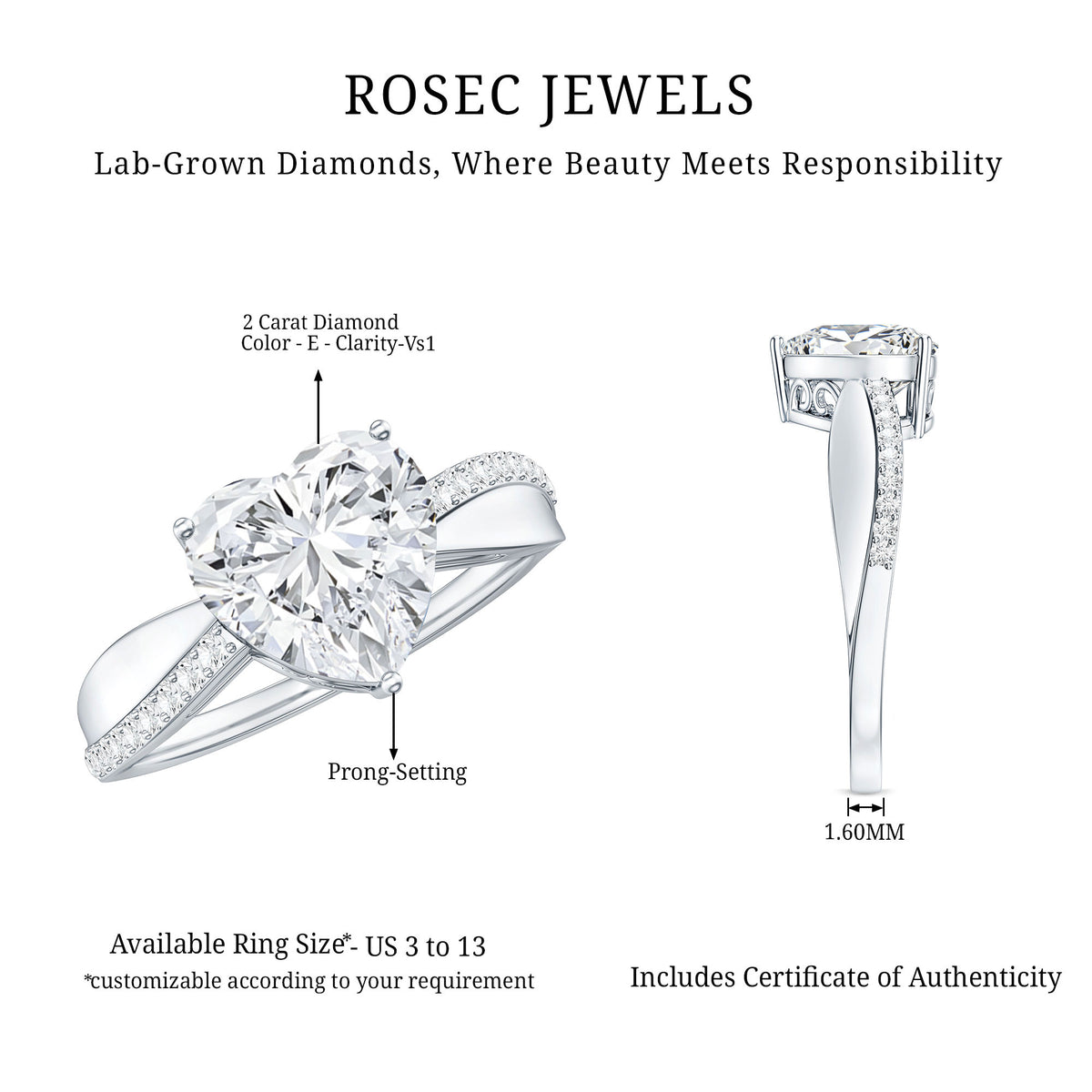 Rosec Jewels-IGI Certified 2 Carat Lab Grown Diamond Heart Shaped Engagement Ring