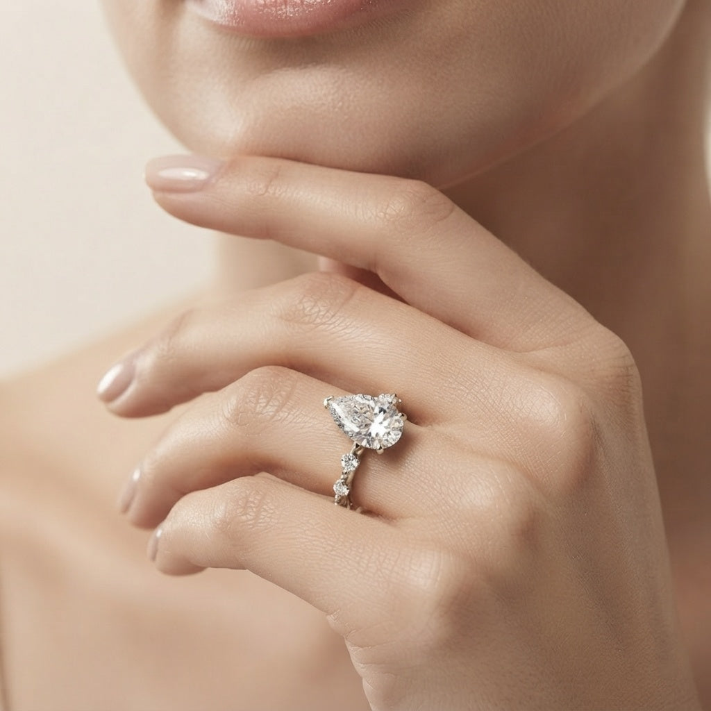 3 Carat Lab Grown Pear Shaped Diamond Solitaire Engagement Ring with IGI Certificate Lab - ( E-VS1 ) - Rosec Jewels