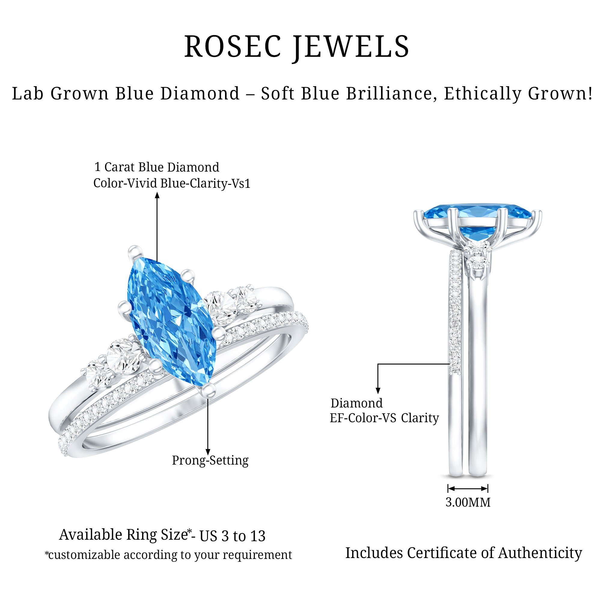 Rosec Jewels-1 Carat Marquise Cut Lab Grown Blue Diamond Solitaire Wedding Ring Set with IGI Certificate