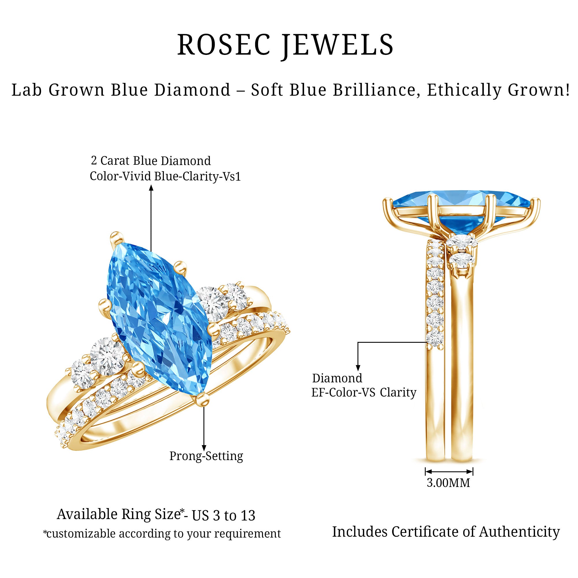 Rosec Jewels-IGI Certified Lab Grown Blue Diamond Marquise Bridal Ring Set 2 Carat