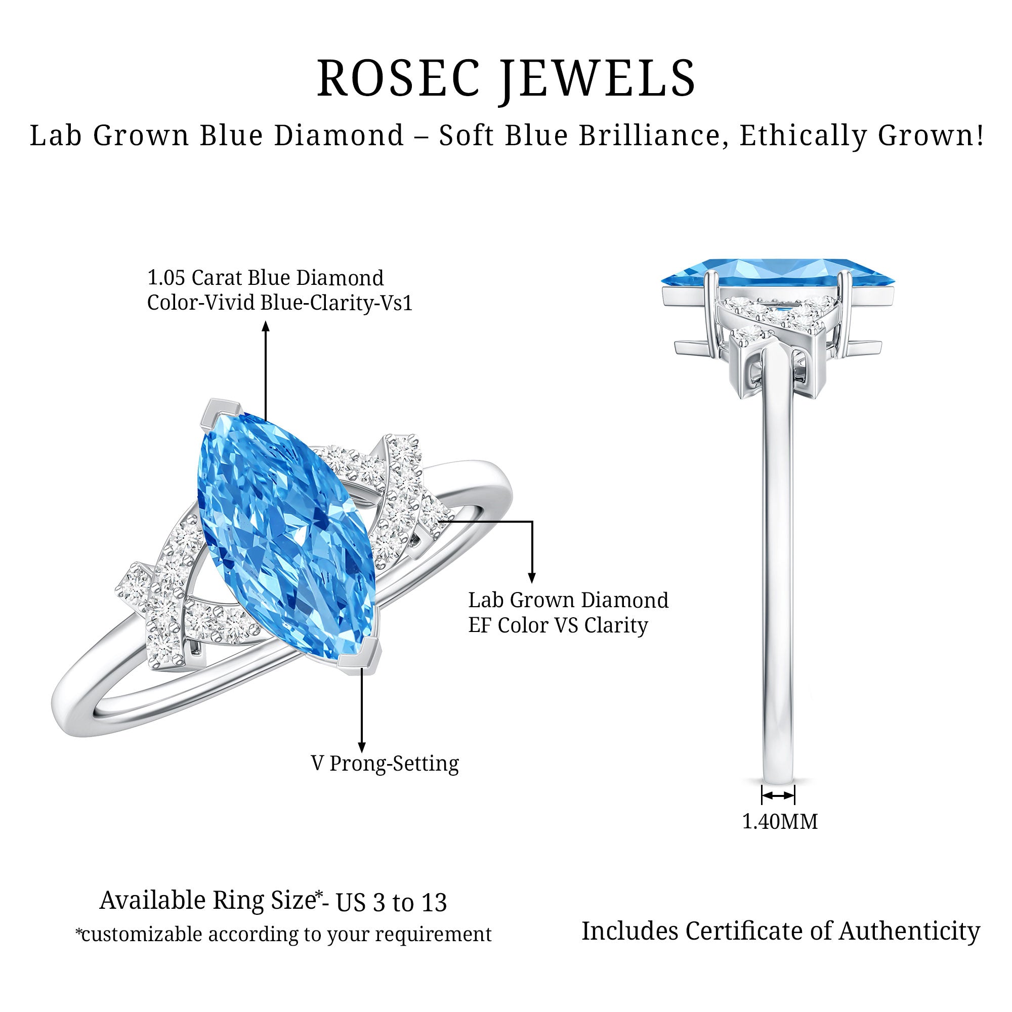 Rosec Jewels-1 Carat Marquise Cut Lab Grown Blue Diamond Statement Ring with IGI Certificate
