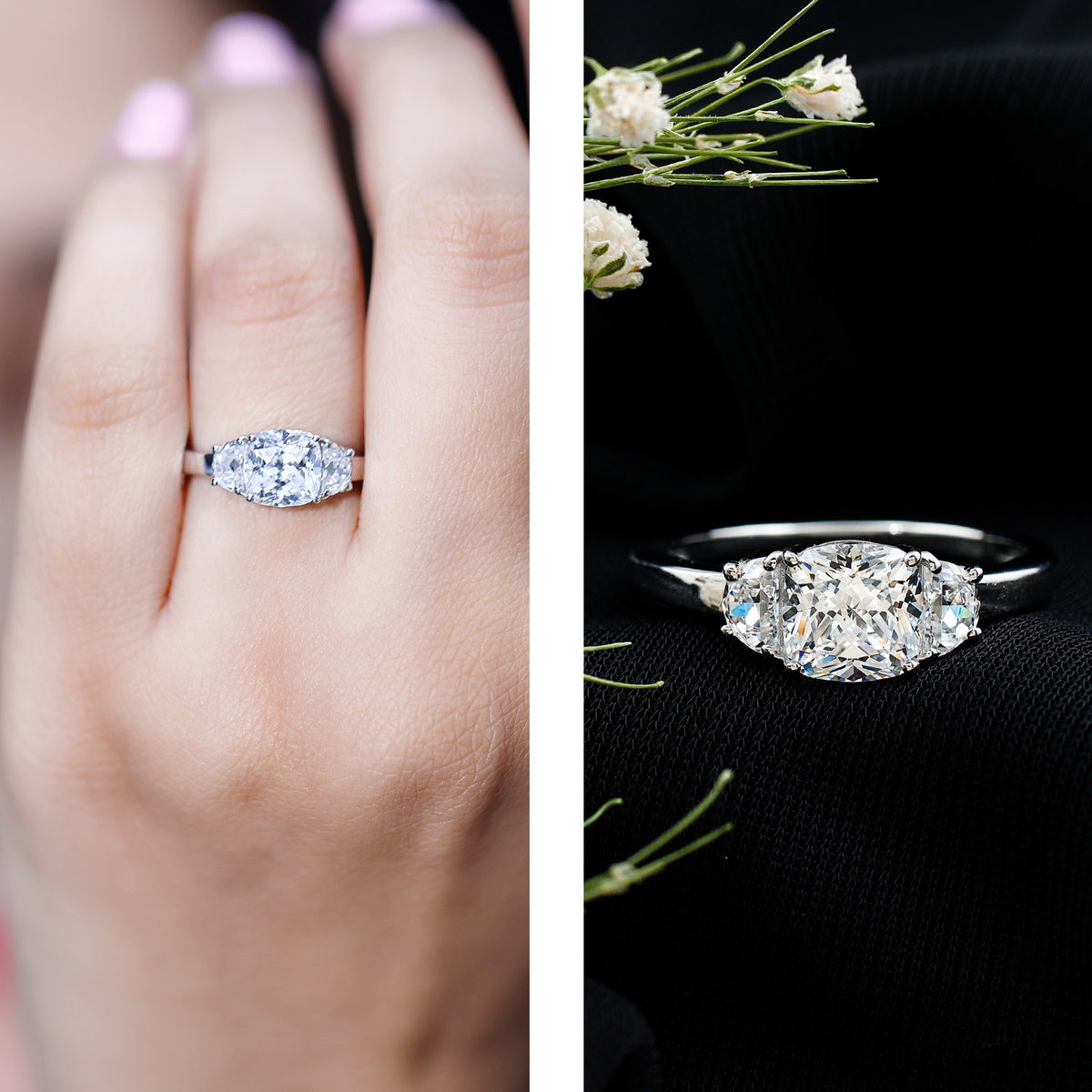 Rosec Jewels-IGI Authenticated 2 Carat Cushion Cut Lab Grown Diamond Three Stone Ring