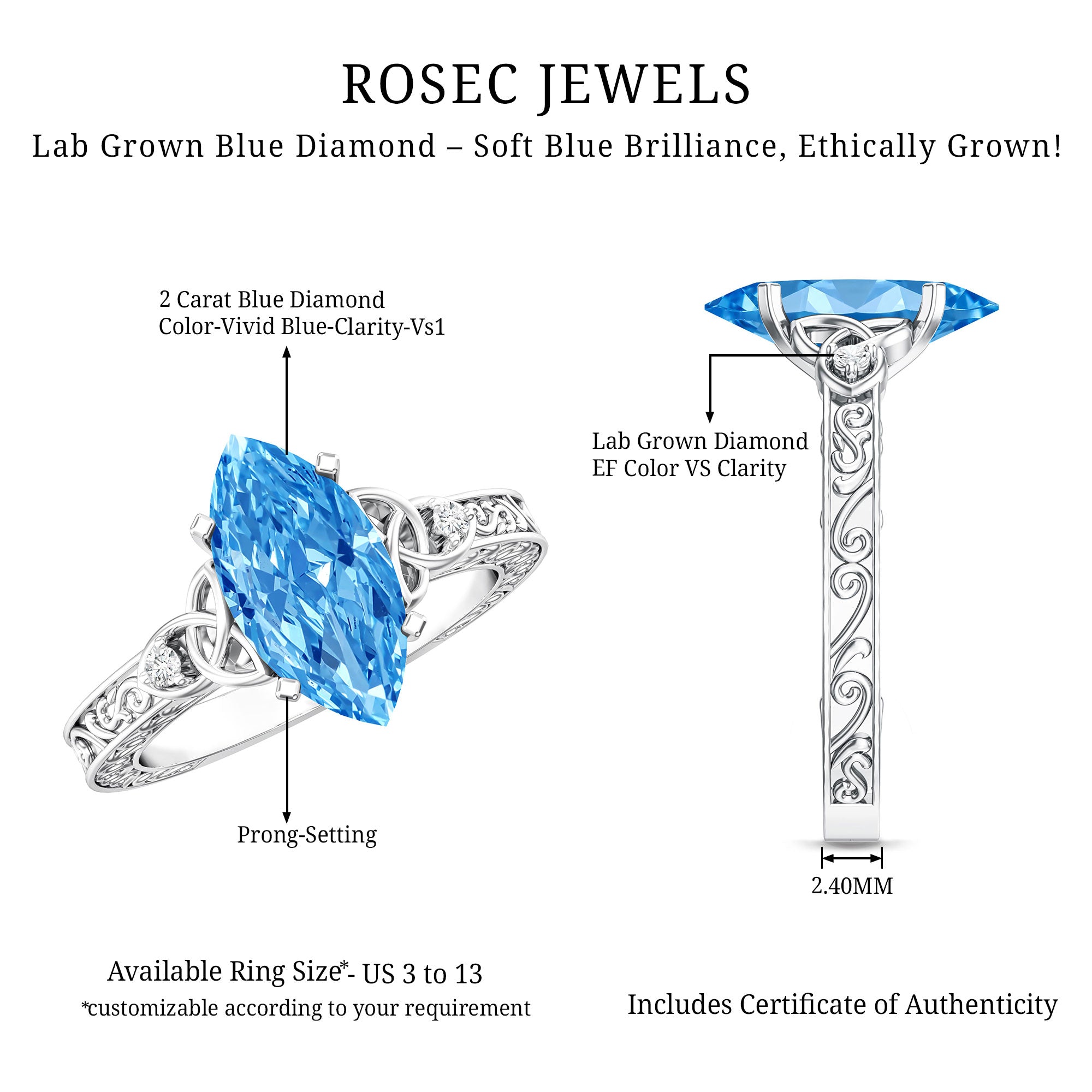 Rosec Jewels-Vintage Inspired 2 Carat Marquise Lab Grown Blue Diamond Celtic Engagement Ring IGI Certified