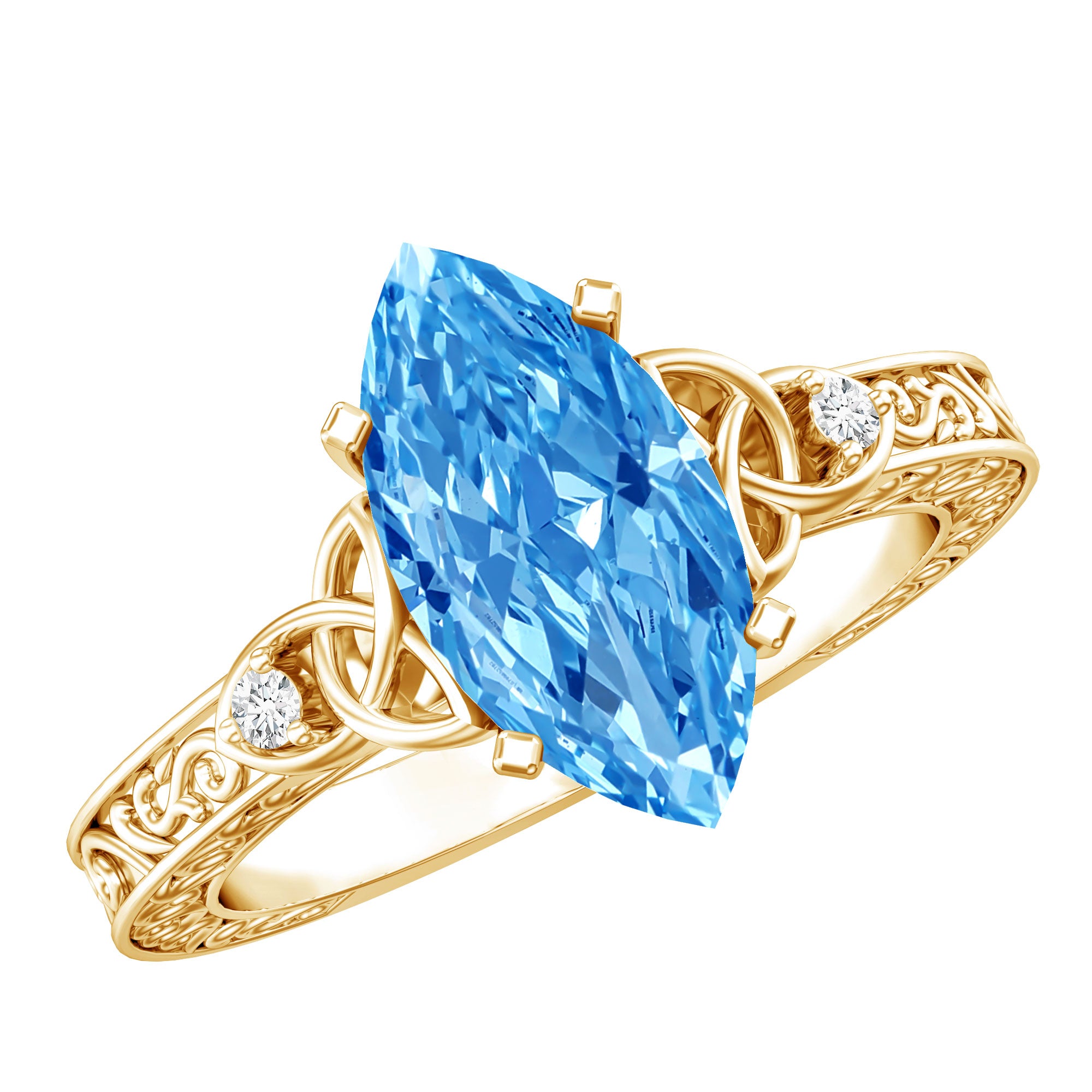 Rosec Jewels-Vintage Inspired 2 Carat Marquise Lab Grown Blue Diamond Celtic Engagement Ring IGI Certified
