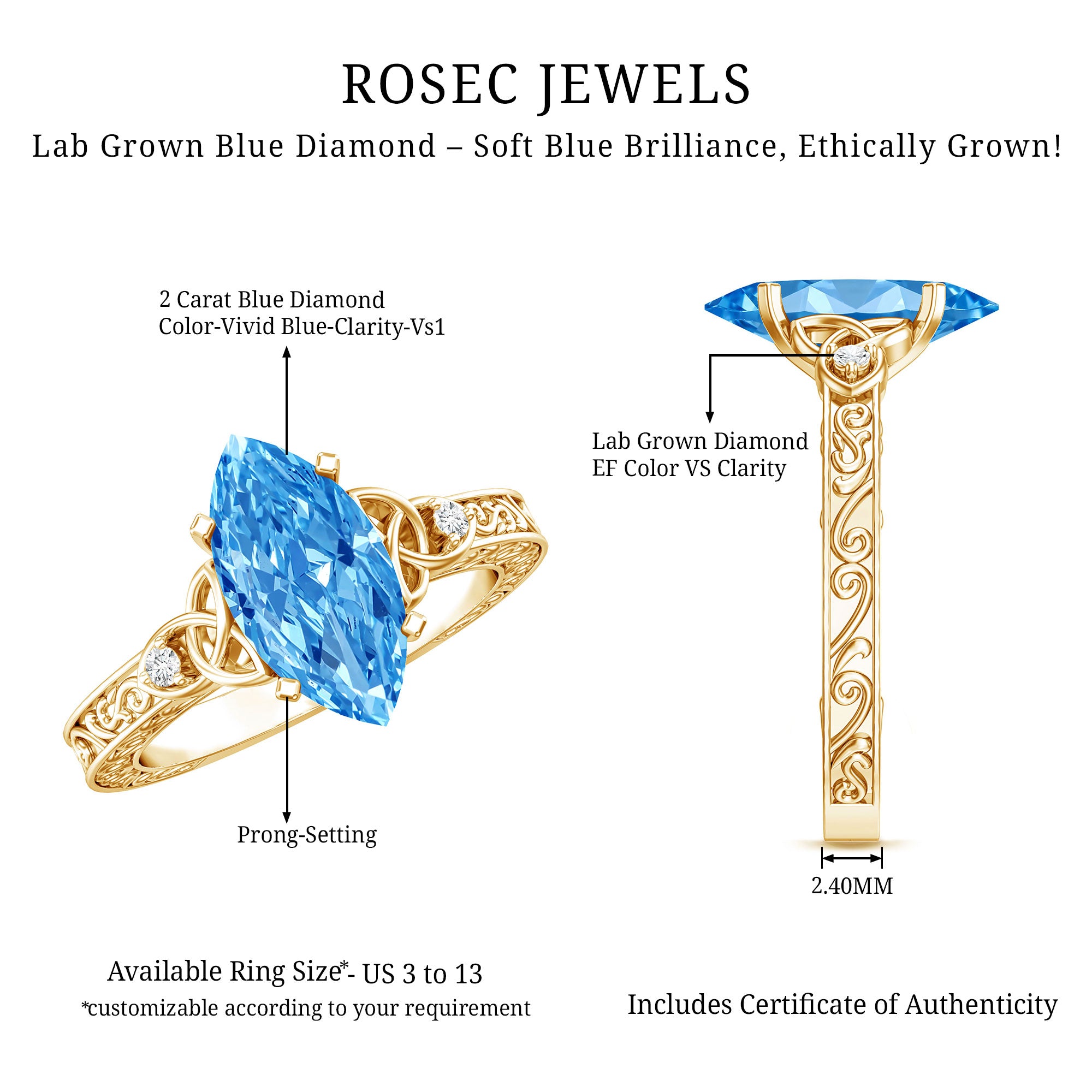 Rosec Jewels-Vintage Inspired 2 Carat Marquise Lab Grown Blue Diamond Celtic Engagement Ring IGI Certified
